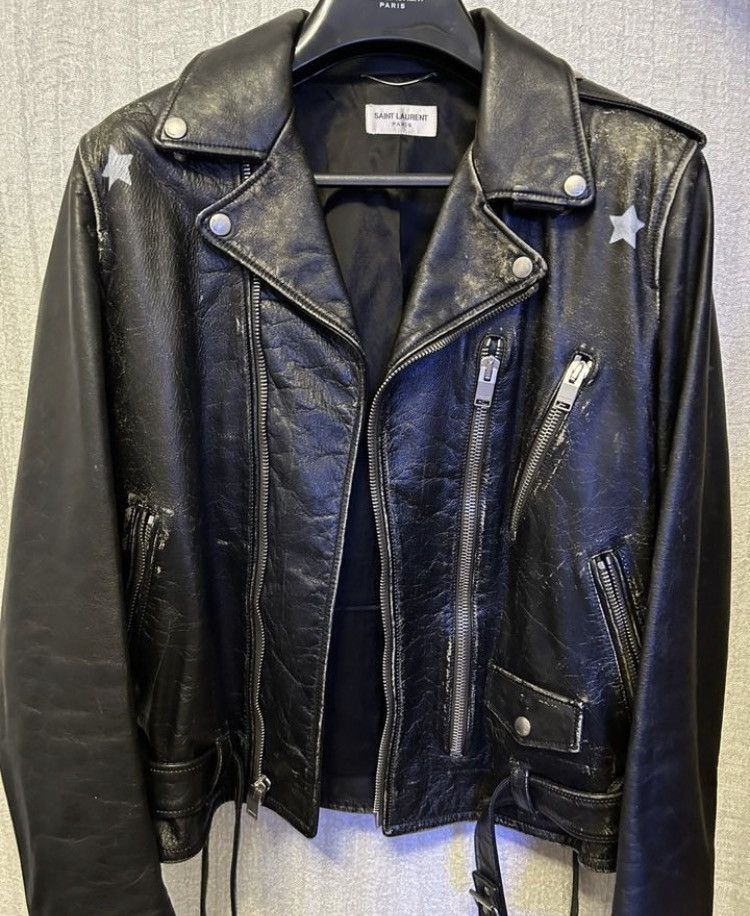 image of Saint Laurent Paris Leather Biker Stars Detail Jacket in Black, Men's (Size Medium)