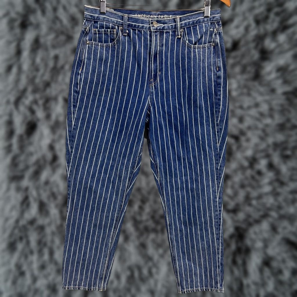American Eagle Outfitters American Eagle Striped Mom Jeans 10 Blue Womens Size 32" / US 10 / IT 46 - 1 Thumbnail