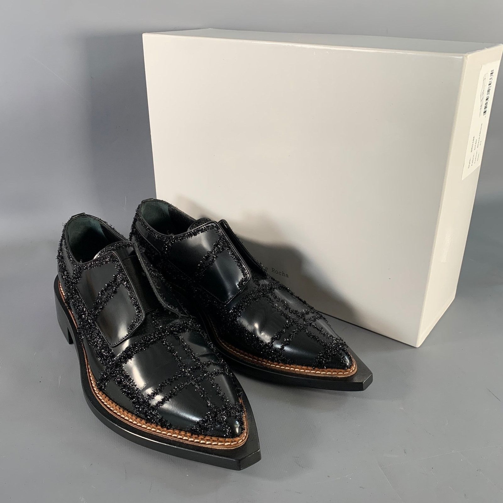 SIMONE ROCHA Size 8 Black Tinsel Embellishment Leather Slip On Loafers SIMONE ROCHA Floral Lace embroidered leather slip-ons | NET  main image 4