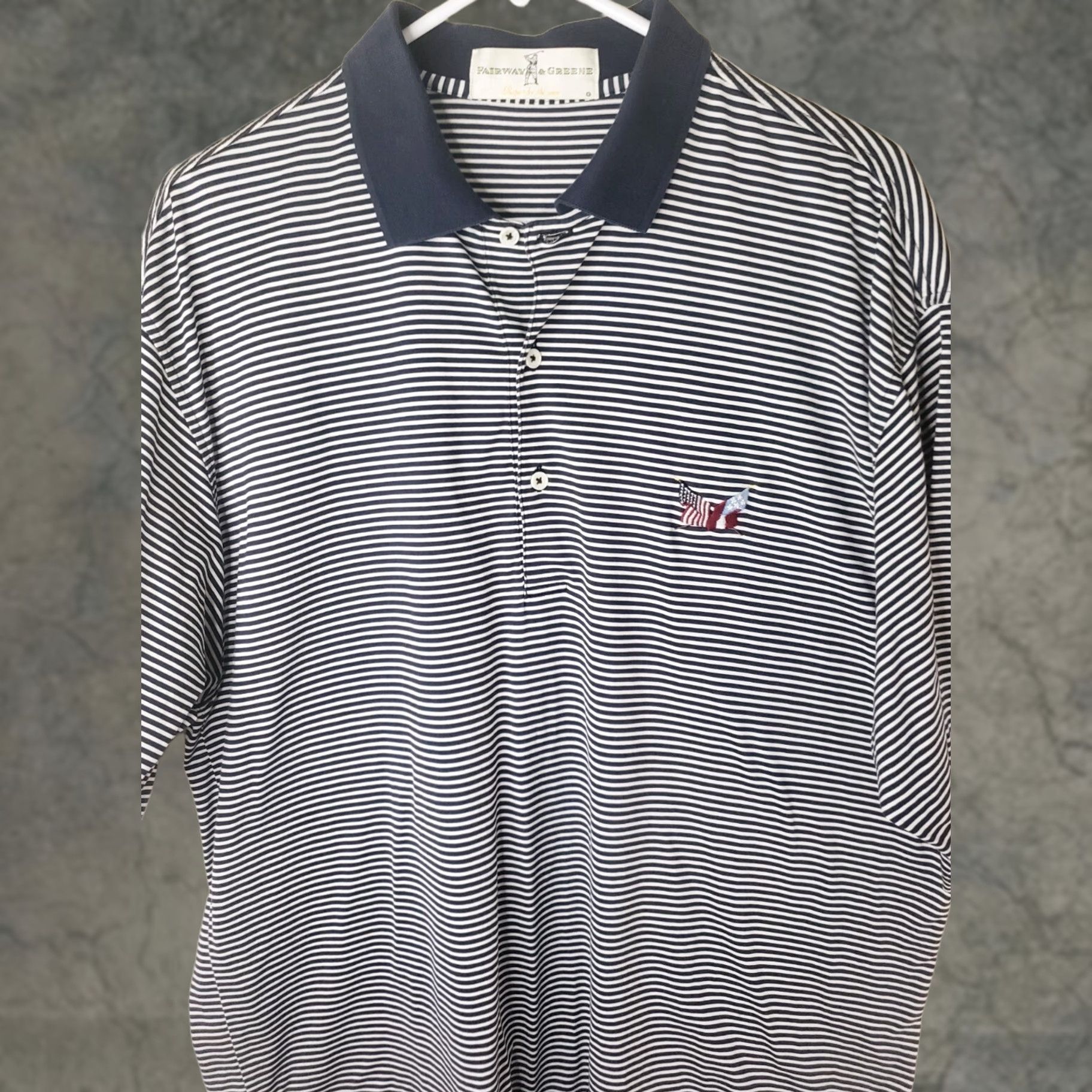 Vintage VINTAGE Fairway & Greene Men's Polo Shirt Blue White Striped Golf American Flags L Regular Adults Mens Size US L / EU 52-54 / 3 - 1 Thumbnail