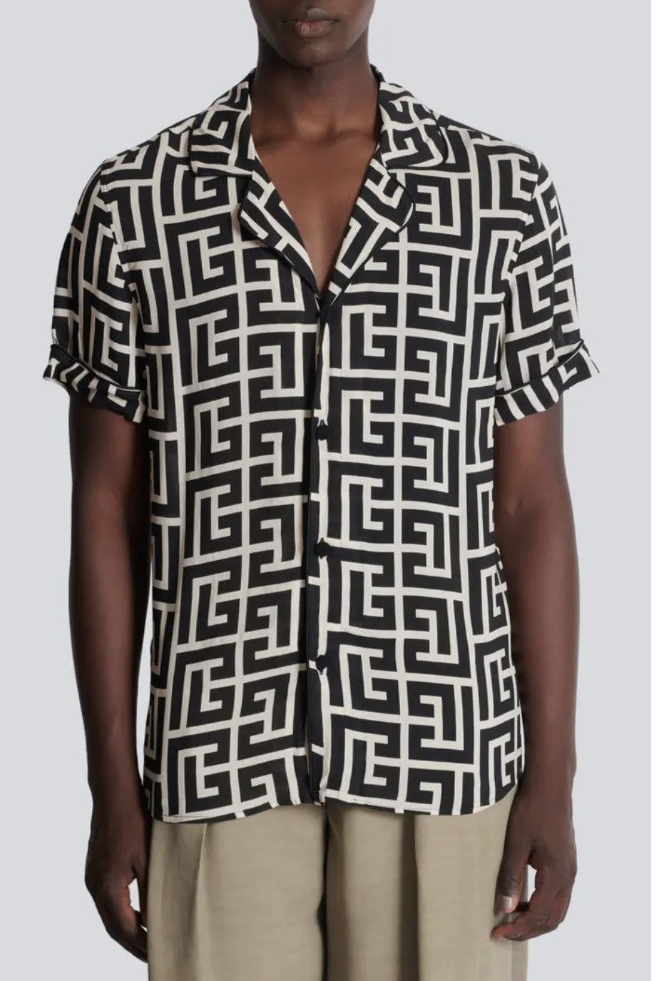 Balmain Balmain Paris Monogram Silk Shirt – Black & White Geometric Size US M / EU 48-50 / 2 - 1 Thumbnail
