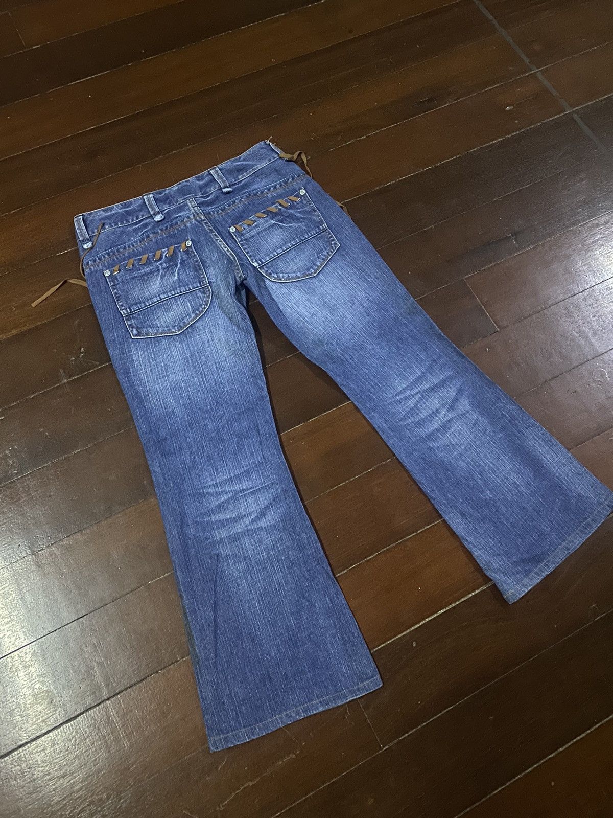 If Six Was Nine × Le Grande Bleu (L.G.B.) × Tornado Mart Flare Jeans Back Number Distress Faded Denim Bootcut Y2k Size 33" - 11 Thumbnail
