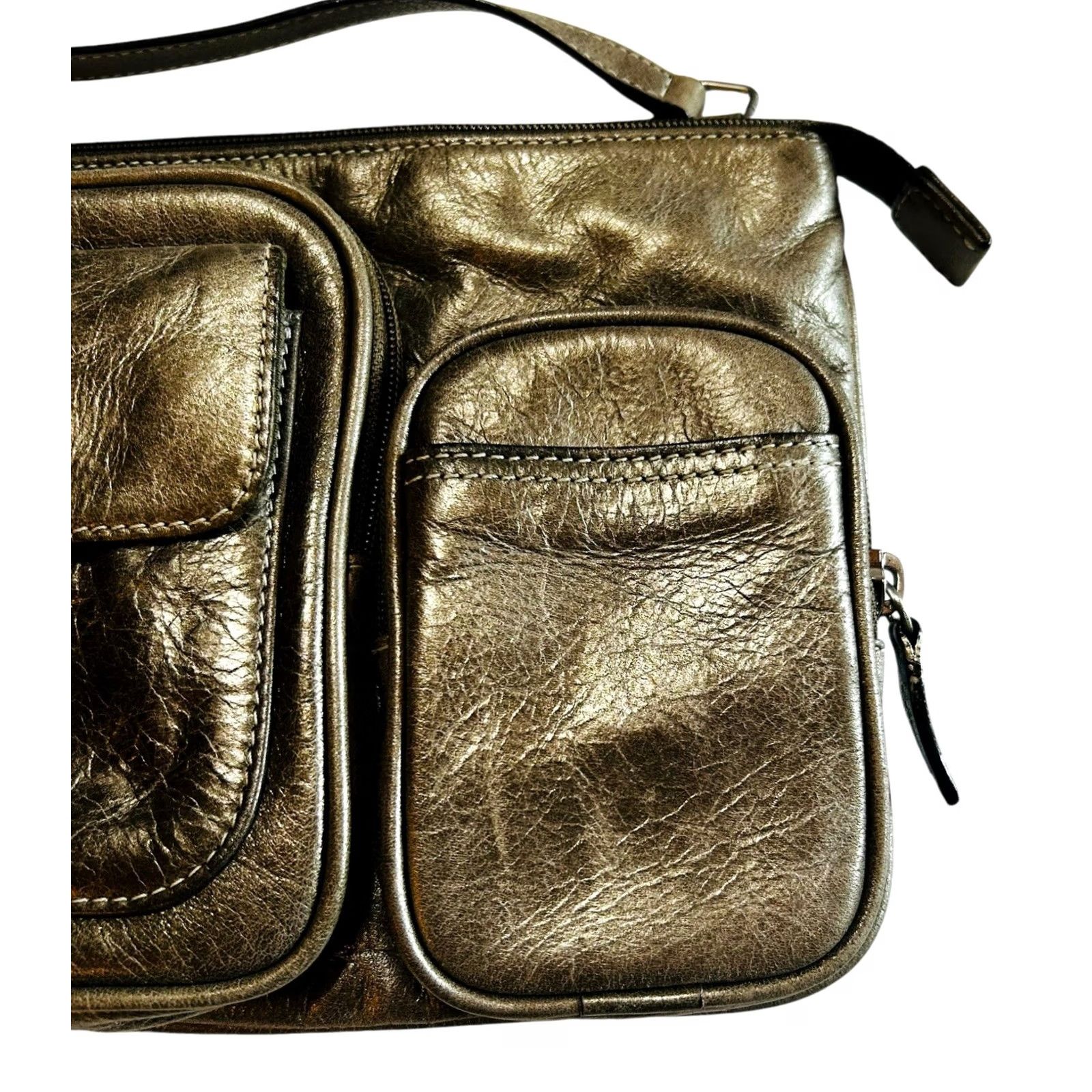 Fossil Fossil Kinley Crossbody Crossbody Purse Shoulder Handbag Women’s Gray Metallic Leather Pebbled Zip Adjustable Strap Womens Small Vintage? Size ONE SIZE - 2 Thumbnail
