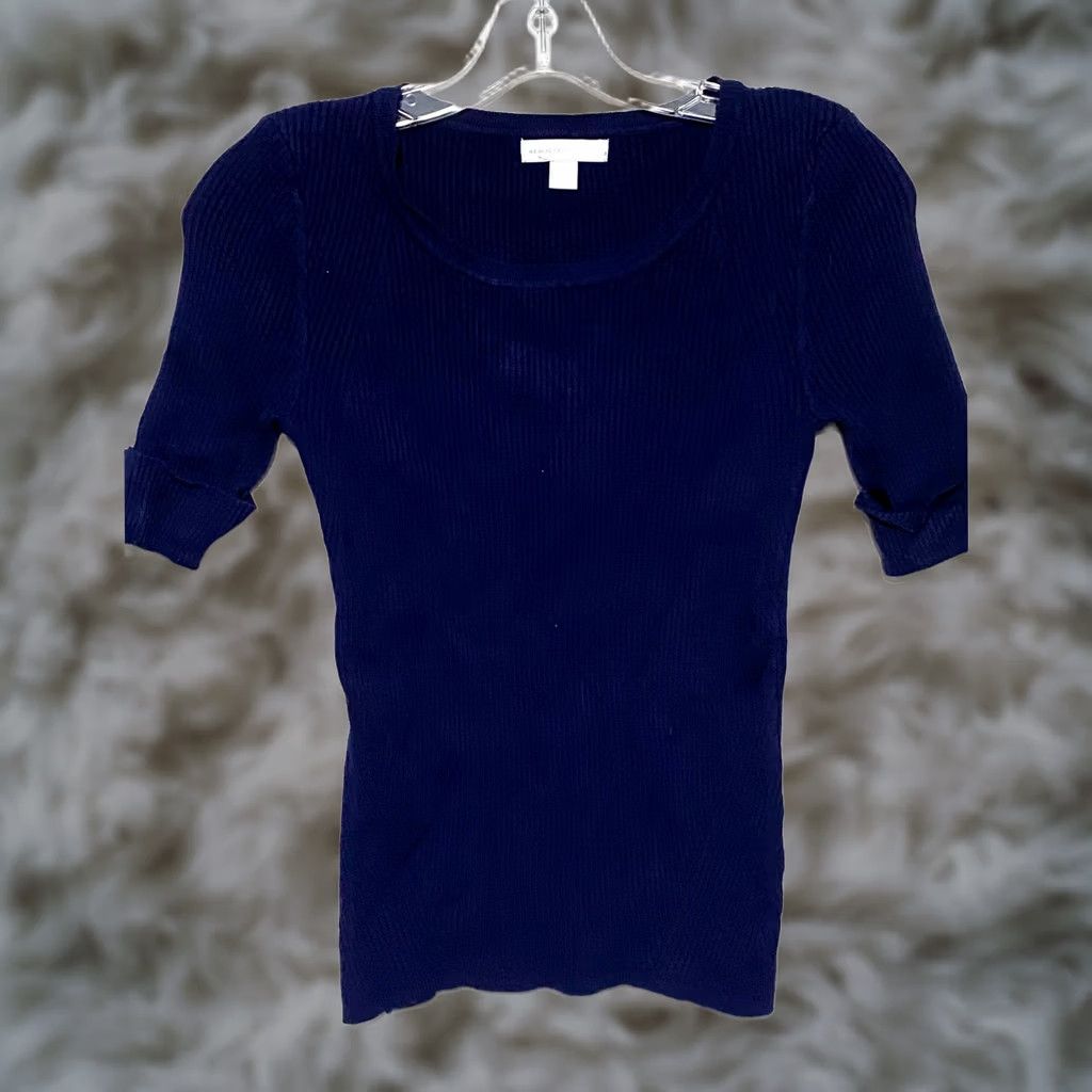 Vintage New York & Co Knit Top S Blue Navy Ribbed Career Casual Preppy Y2K Button Cuffs Size S / US 4 / IT 40 - 1 Thumbnail