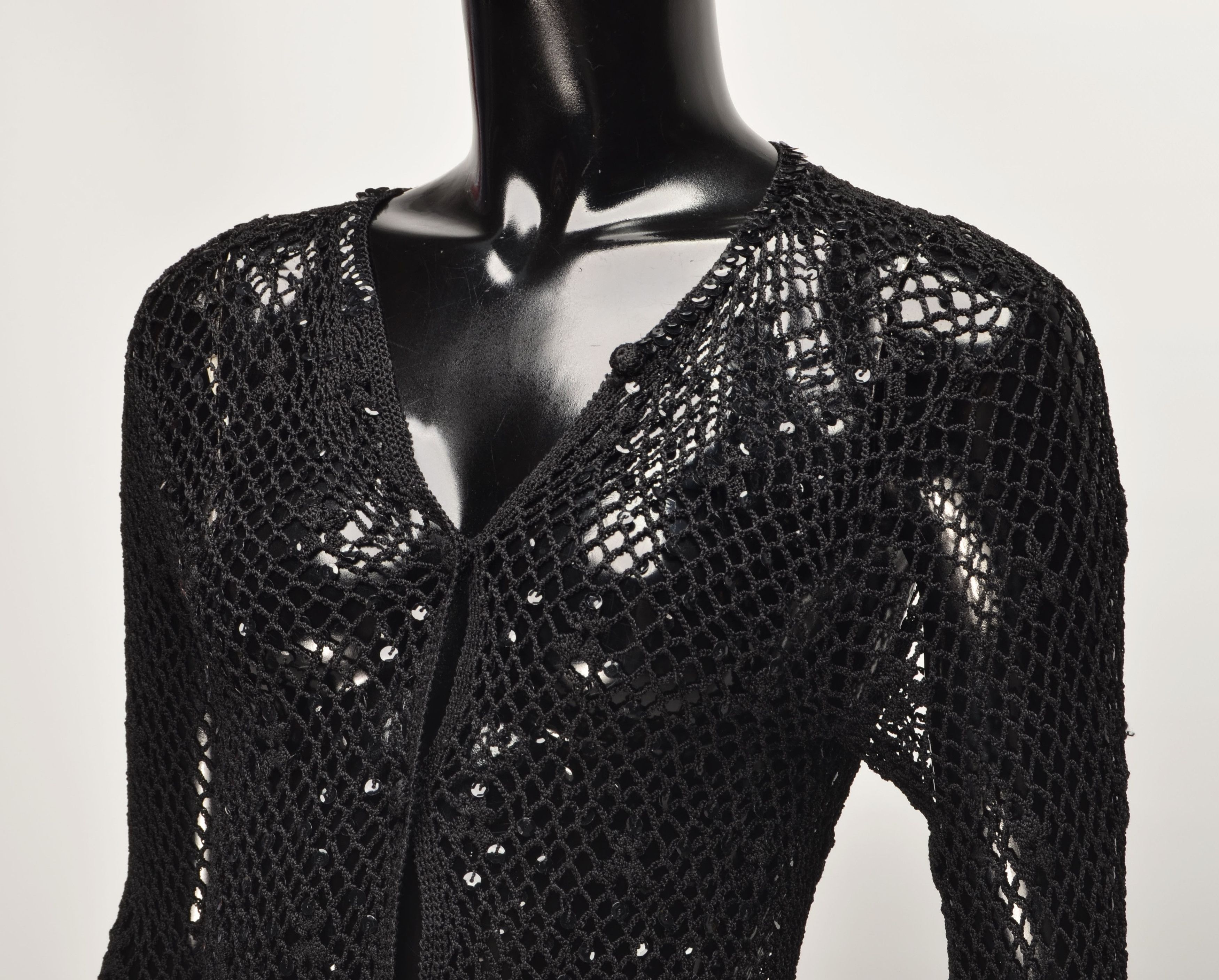 Designer Vintage Background Y2K Crochet Knit Black Cardigan Size L / US 10 / IT 46 - 2 Thumbnail