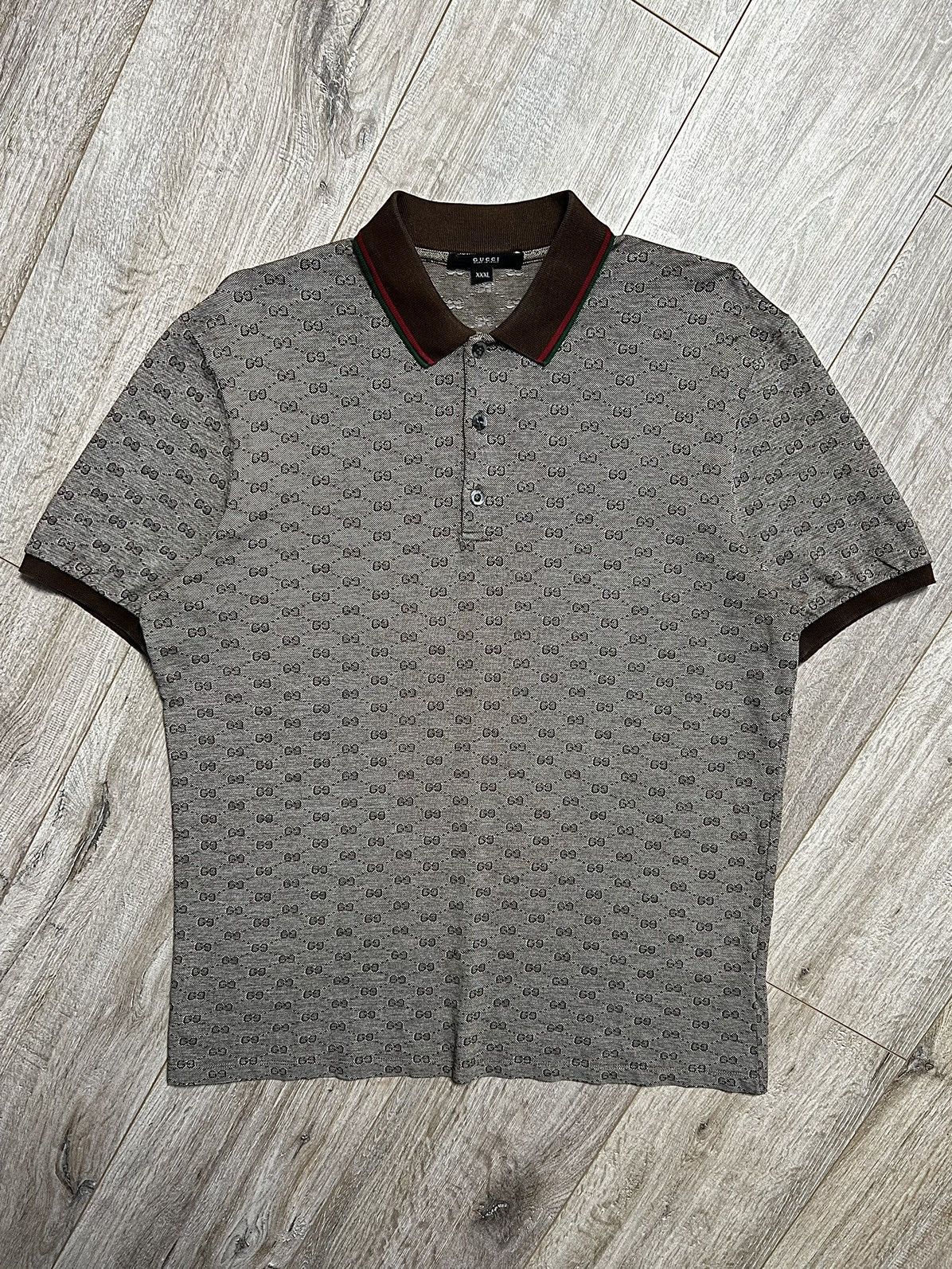 Image of Gucci Polo Shirt Cotton GG Monogram Jacquard Logo Slim in Beige/Brown, Men's (Size XL)