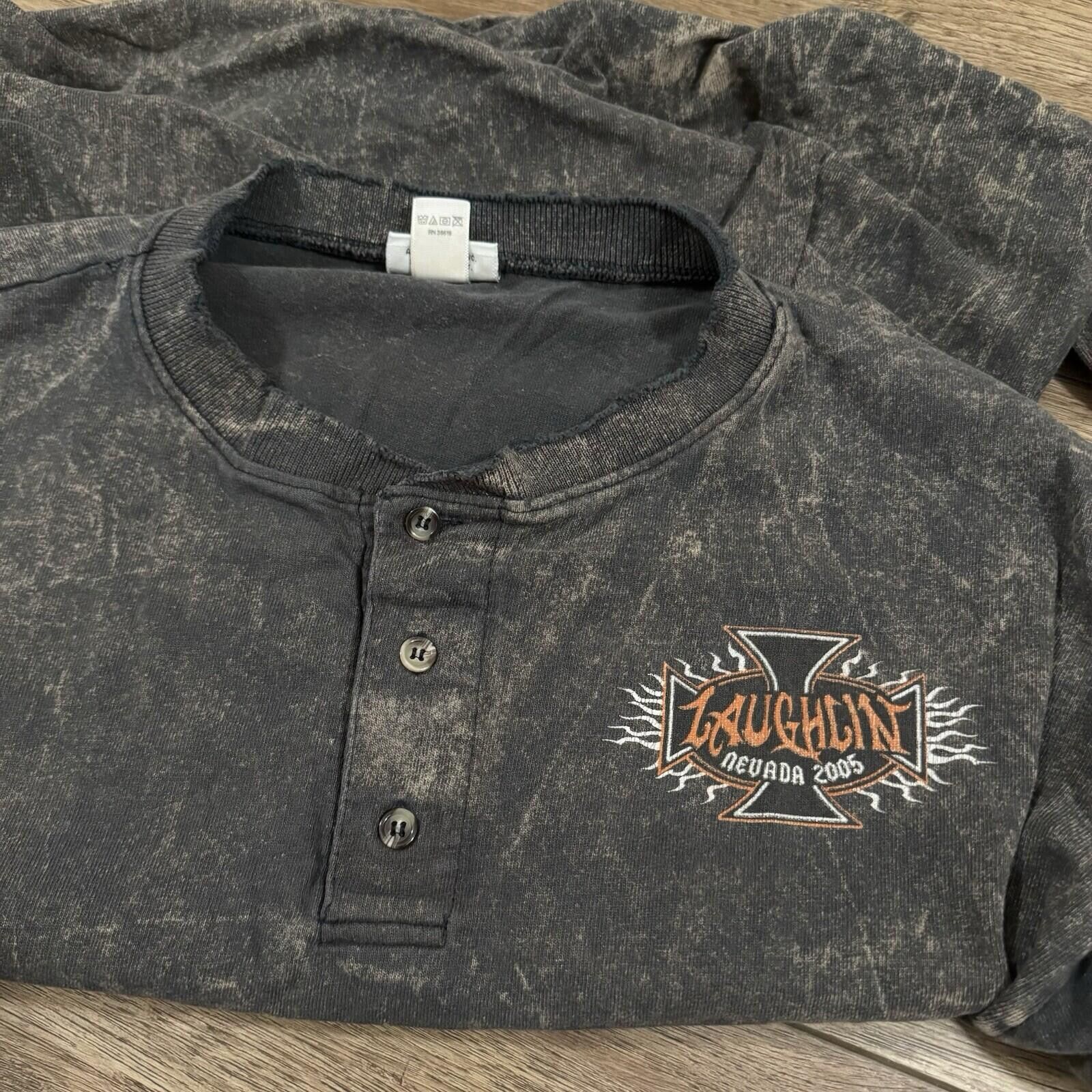 Anvil Vintage Y2K Black Acid Wash Laughlin Biker Henley Shirt Size US XL / EU 56 / 4 - 2 Thumbnail