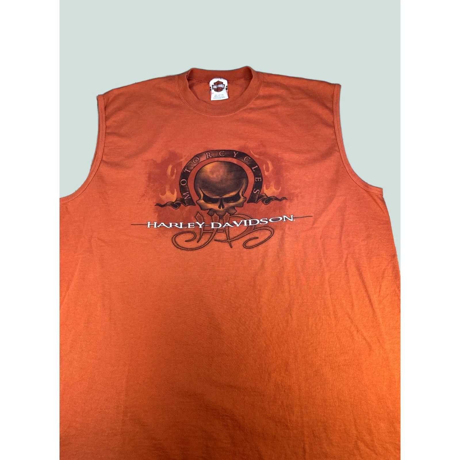 Harley Davidson VINTAGE Harley-Davidson Flame Skull Sleeveless Shirt 2XL Made in USA Orange Mens Shirt XS? Size US XXL / EU 58 / 5 - 1 Thumbnail