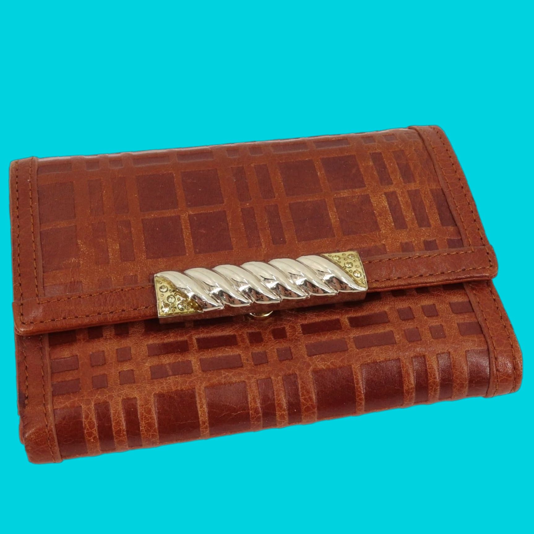 Vintage VINTAGE Tucano Wallet Brown Plaid Check Embossed Leather Folding Gold Silver Tone Metal Women Size ONE SIZE - 1 Thumbnail