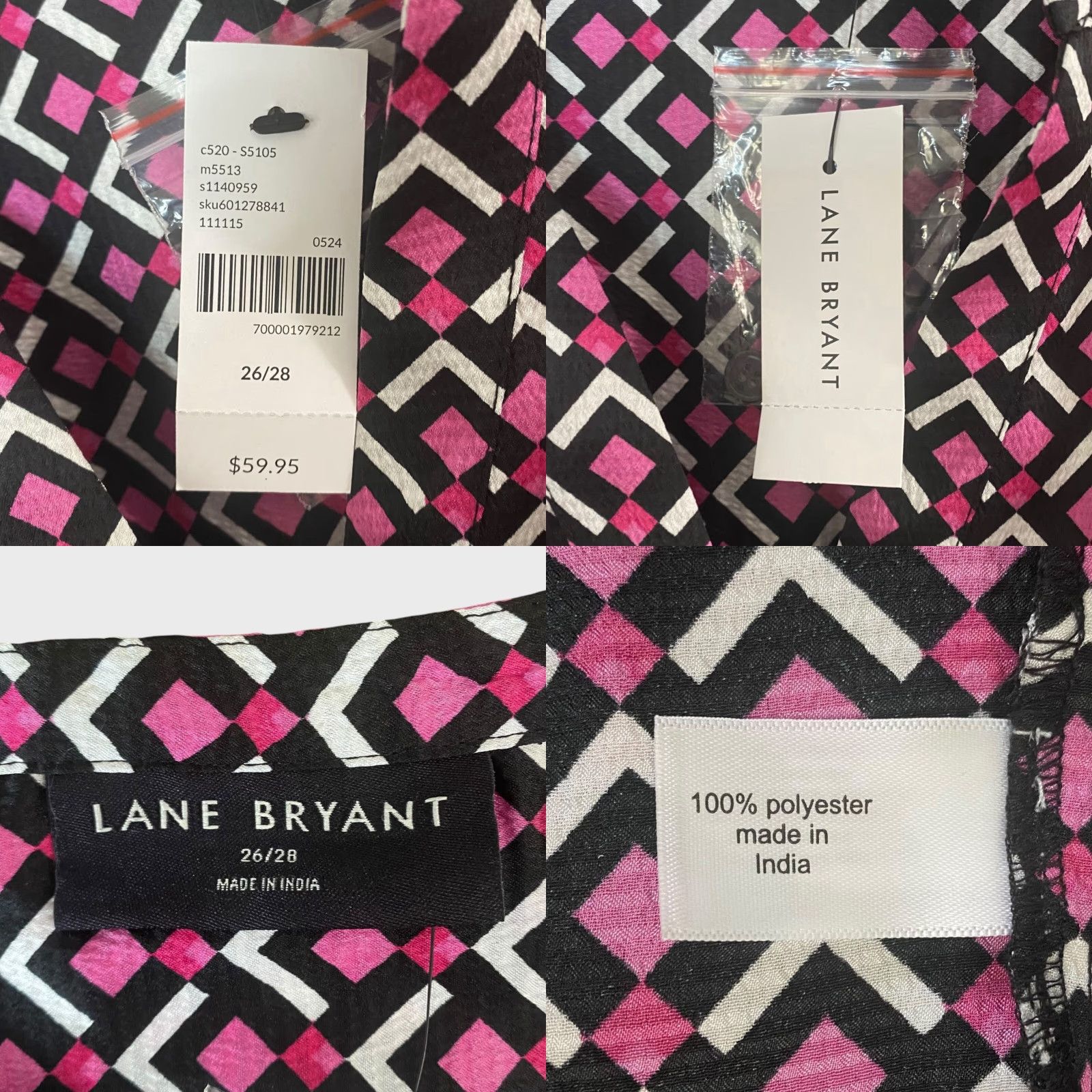 Vintage Lane Bryant Blouse Geometric Pink/Black Womens Size 26/28 New Size 4XL / US 24-26 - 8 Thumbnail
