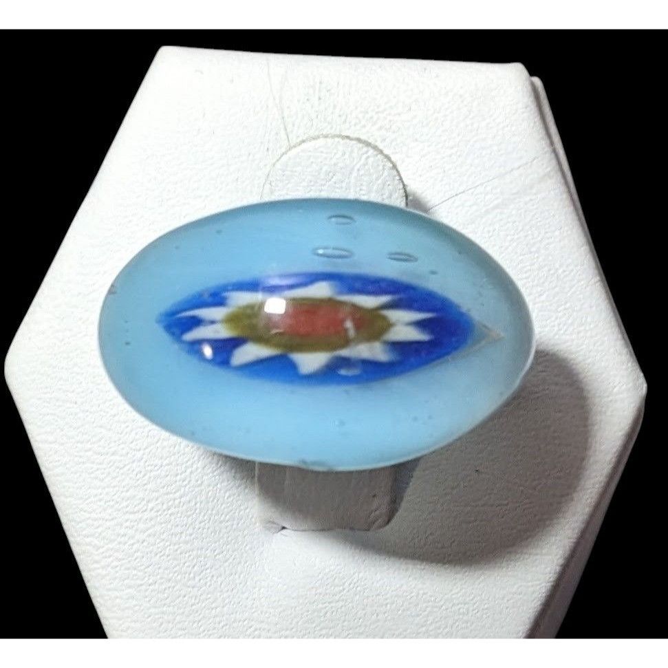 Other Vintage Hand Blown Blue Floral Glass Ring Size 6 3/4 Size ONE SIZE - 5 Thumbnail
