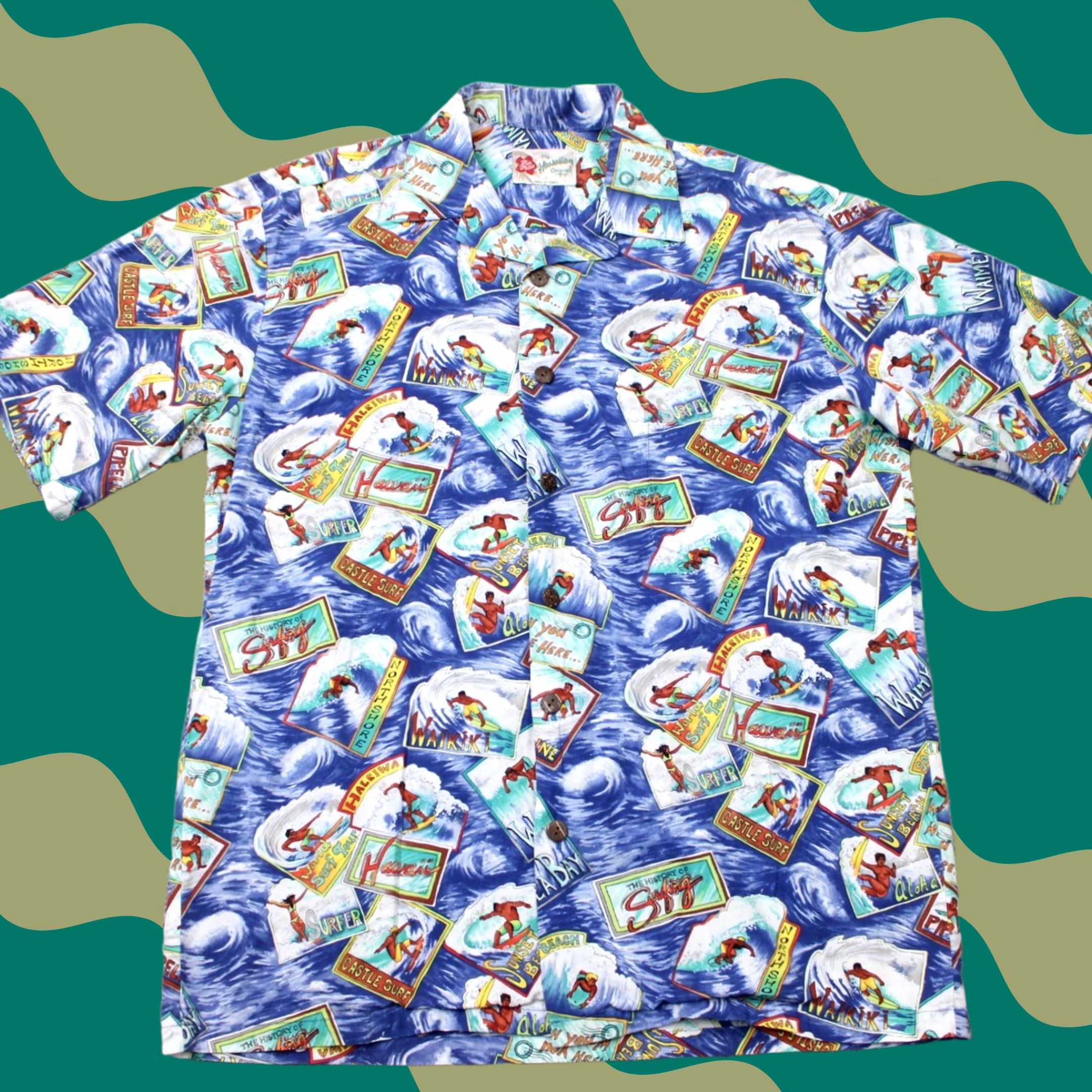 Hilo Hattie Hilo Hattie Shirt Men Medium Blue Surfing All Over Print Cotton Short Sleeve AOP Vintage Floral Button-Up Size US M / EU 48-50 / 2 - 1 Thumbnail