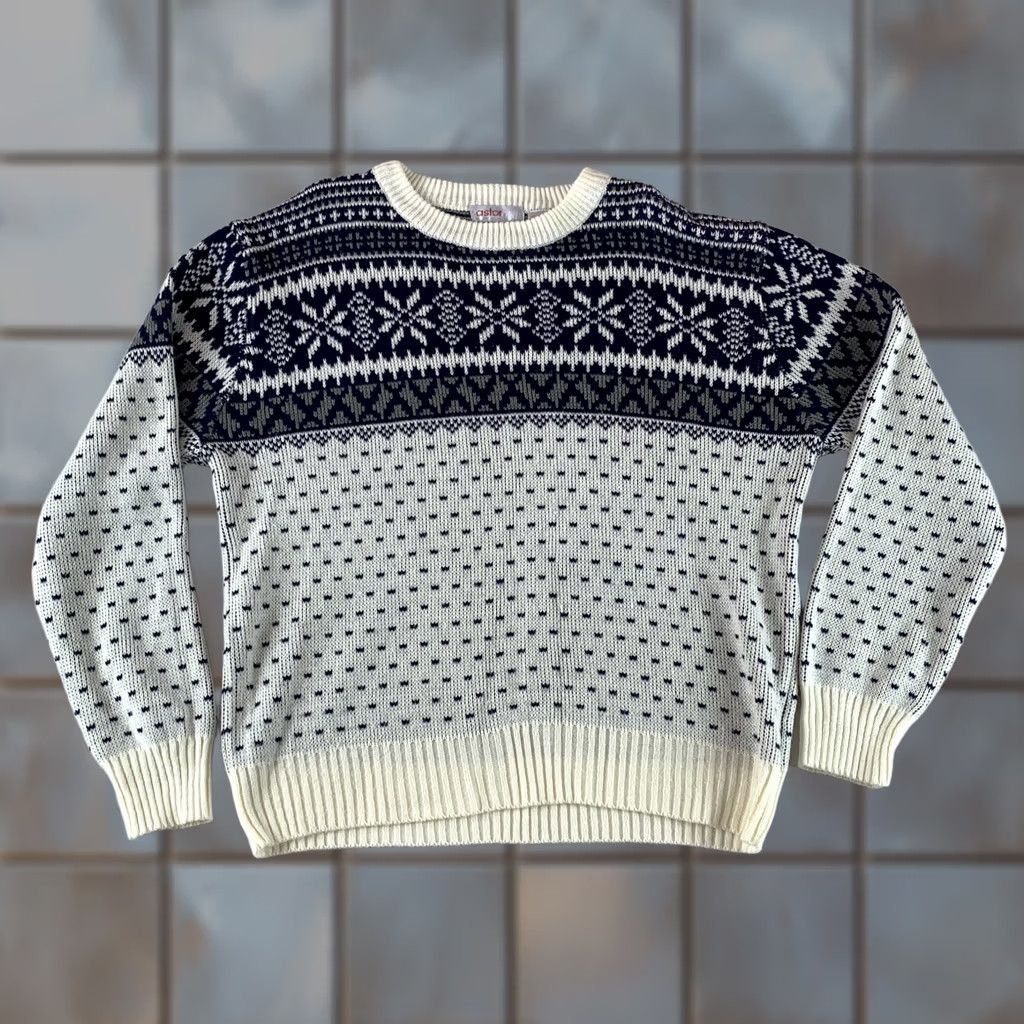 Vintage ASTOR ONE FAIR ISLE KNIT SWEATER MENS LARGE BLUE WHITE PULLOVER ACRYLIC WINTER SIZE Size US L / EU 52-54 / 3 - 1 Thumbnail