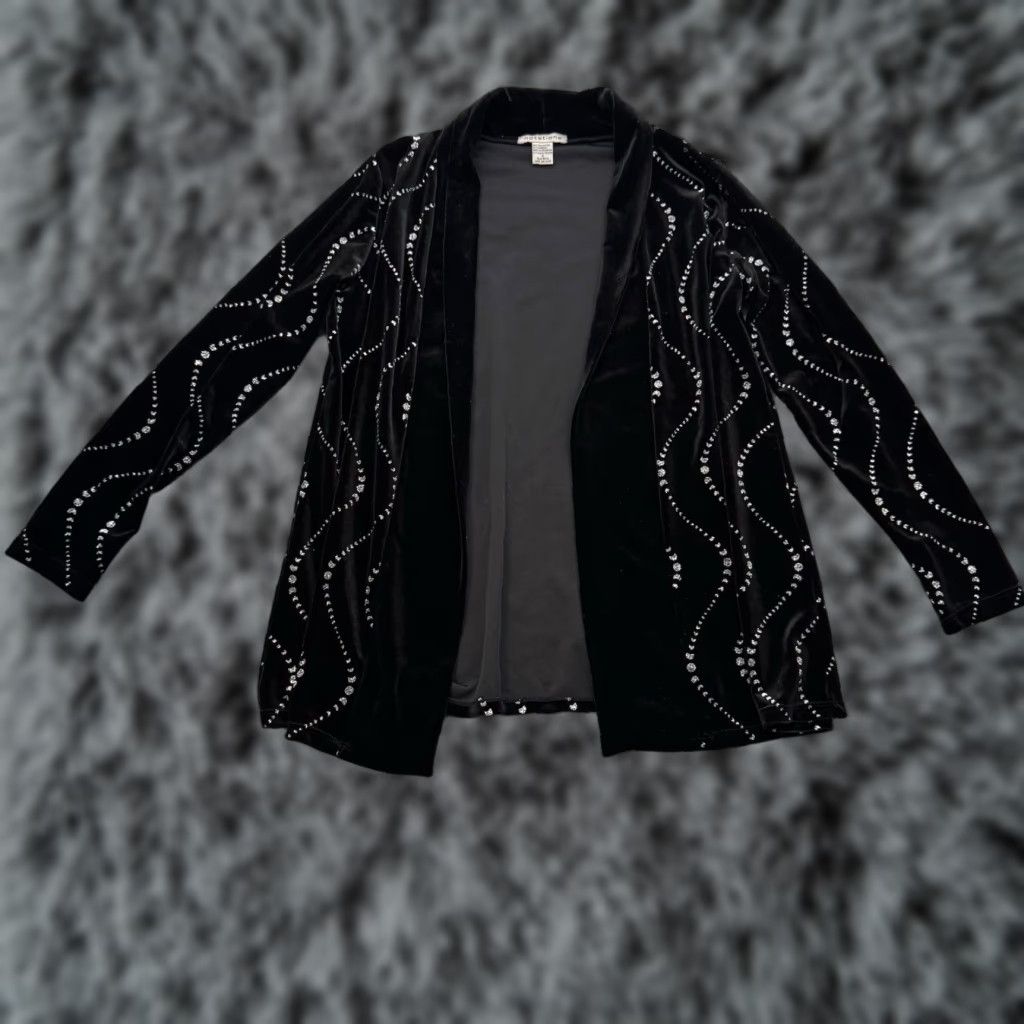 Vintage Notations Velour Open Front Jacket Cardigan S Black Glitter Moon Whimsigoth Witchy Womens Size S / US 4 / IT 40 - 1 Thumbnail