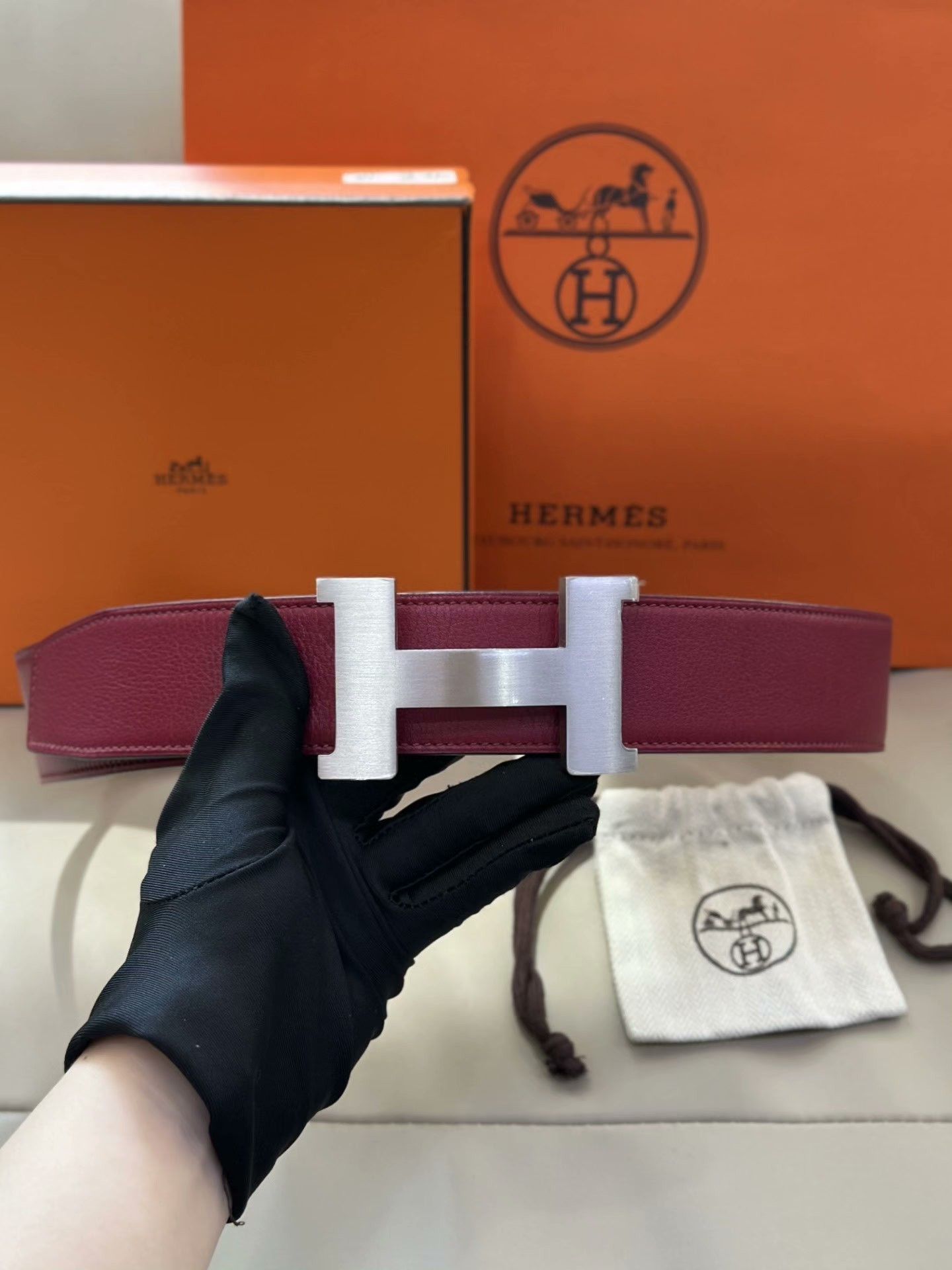 Hermes Hermes Burgundy-Brown Leather Belt Size ONE SIZE - 1 Thumbnail
