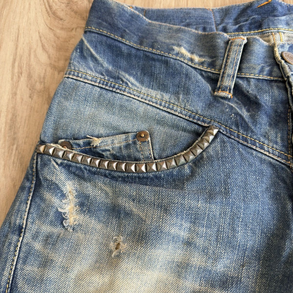 Hysteric Glamour 2000s Washed Light Blue Studded Distressed Flare Denim Jeans Size US 31 - 6 Thumbnail
