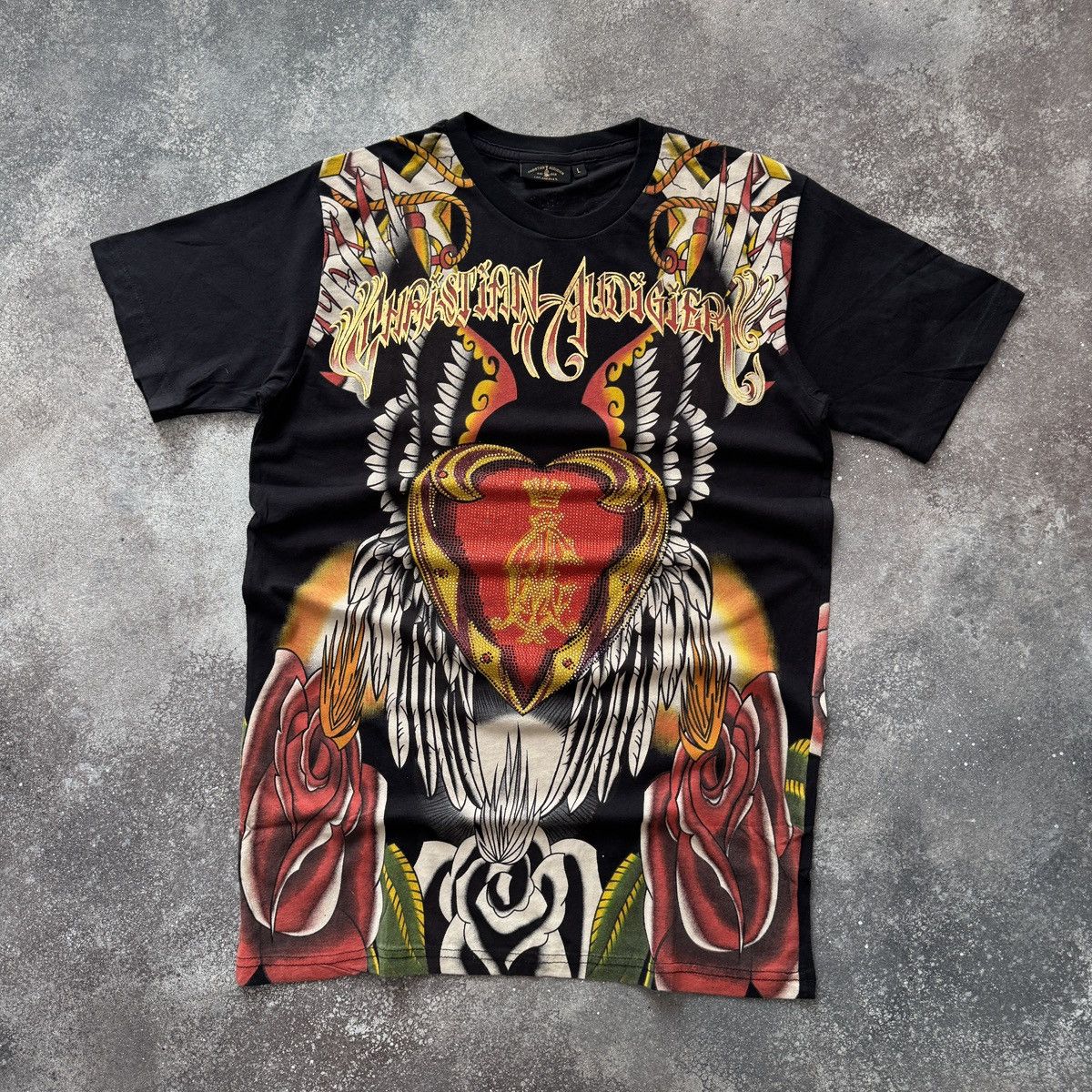 Ed Hardy Christian Audigier Y2K Rhinestones Virgin Maria T-Shirt Size US L / EU 52-54 / 3 - 2 Thumbnail