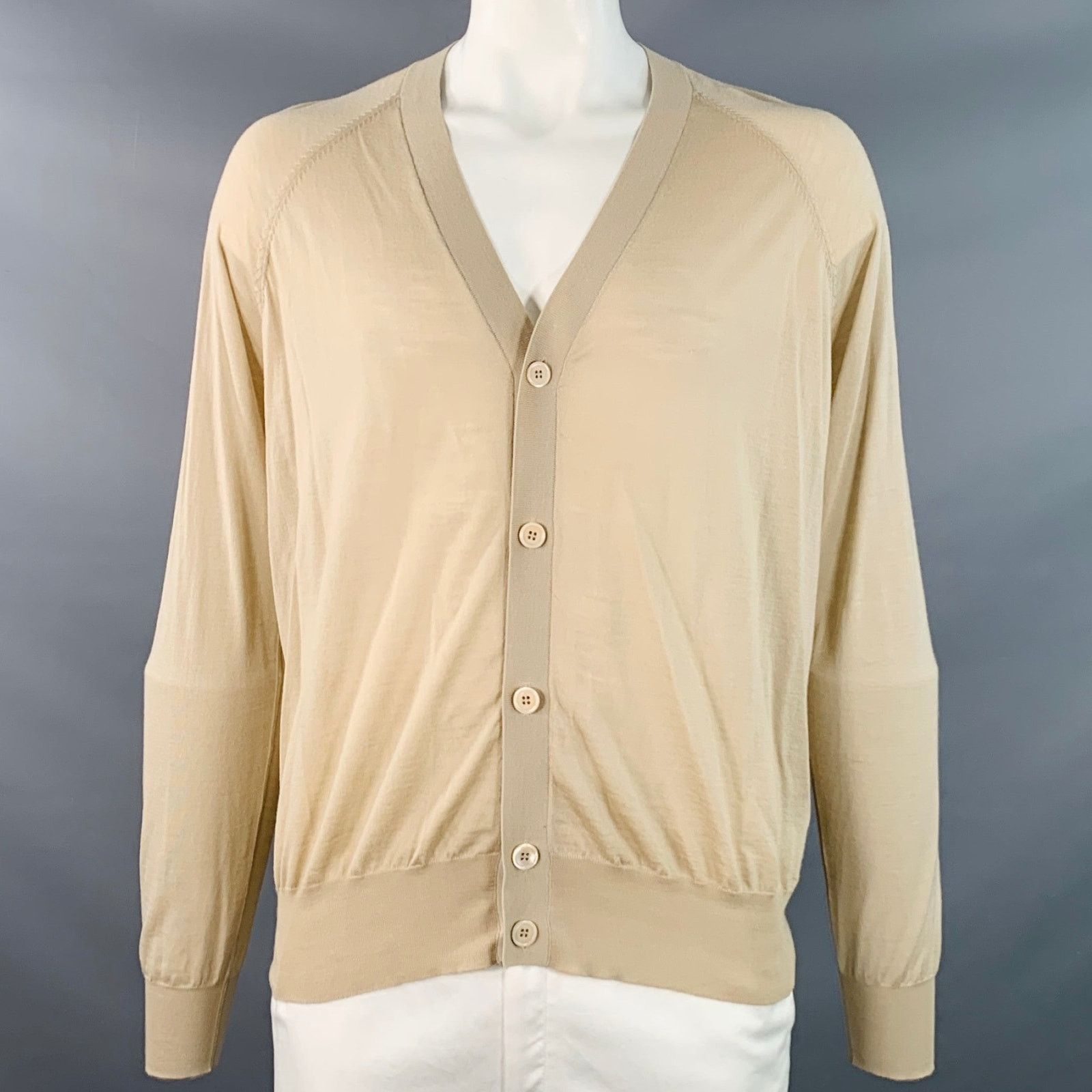 Prada PRADA Size L Beige Virgin Wool Sheer Knit V-Neck Cardigan Size US L / EU 52-54 / 3 - 1 Thumbnail
