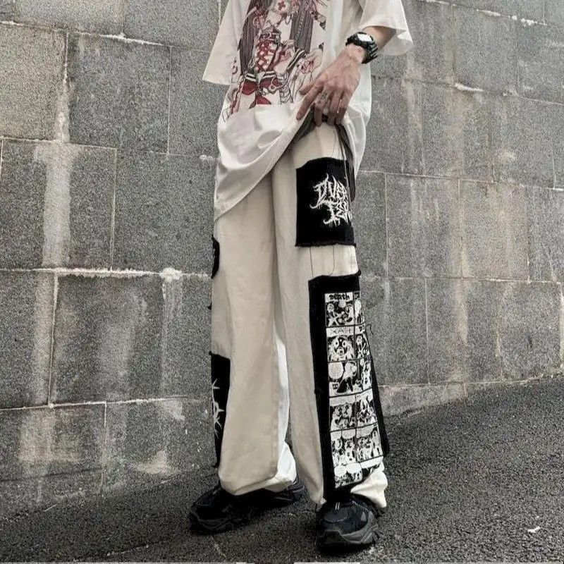 image of Vintage Gothic Punk Cargo Pants Anime Patch Pants in White, Men's (Size 29)