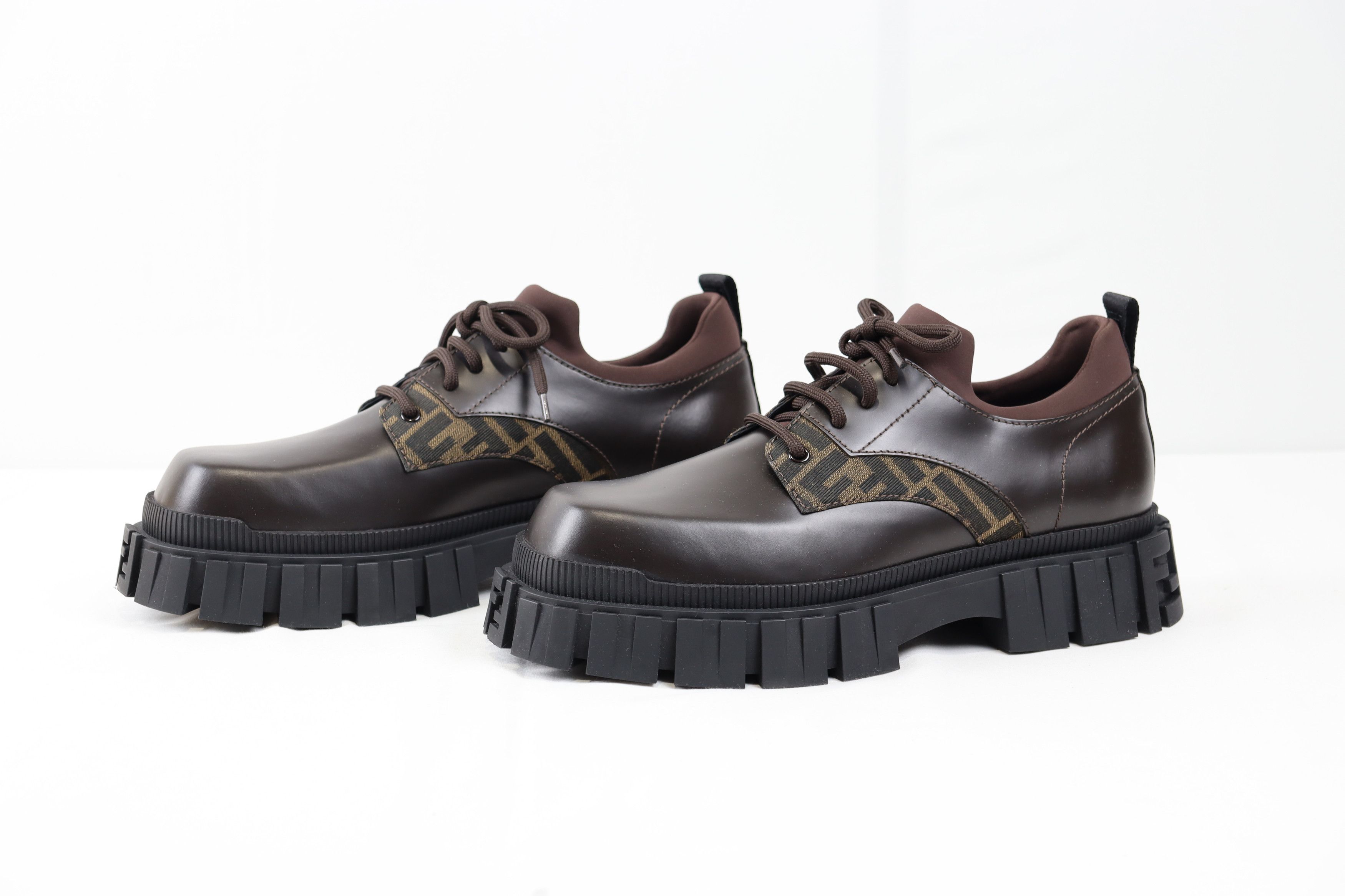 image of Fendi O1Rshd Ff Monogram Derby Leather Shoes In Brown, Men's (Size 11)