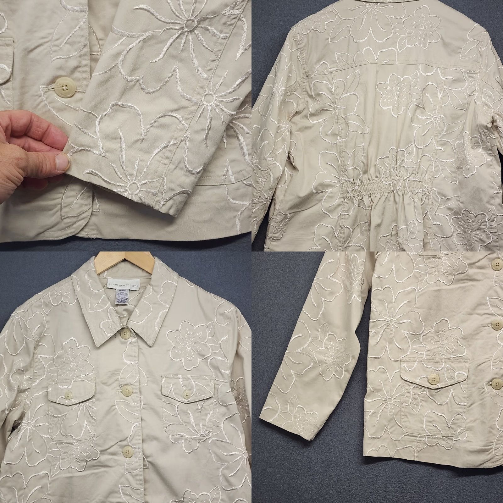 Vintage Susan Graver Womens Jacket Cream Floral Embroidered Button Front Career M Size M / US 6-8 / IT 42-44 - 8 Thumbnail