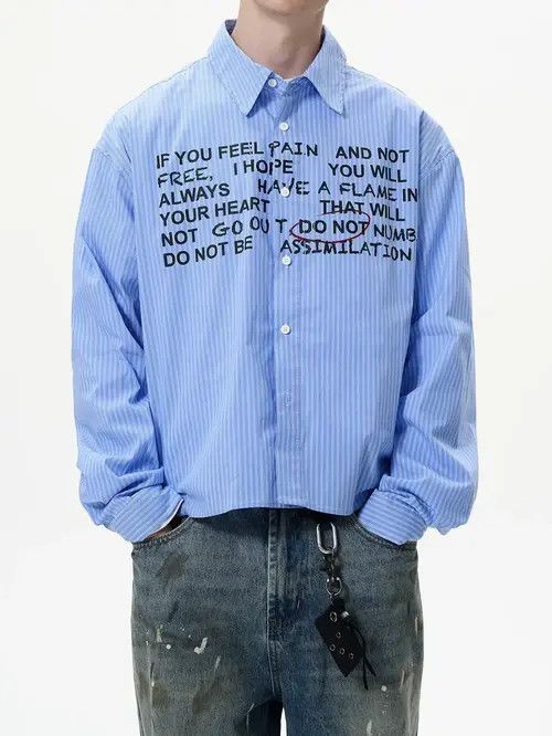 VIBE Retro fashion y2k letters striped button up shirt Size US M / EU 48-50 / 2 - 7 Thumbnail