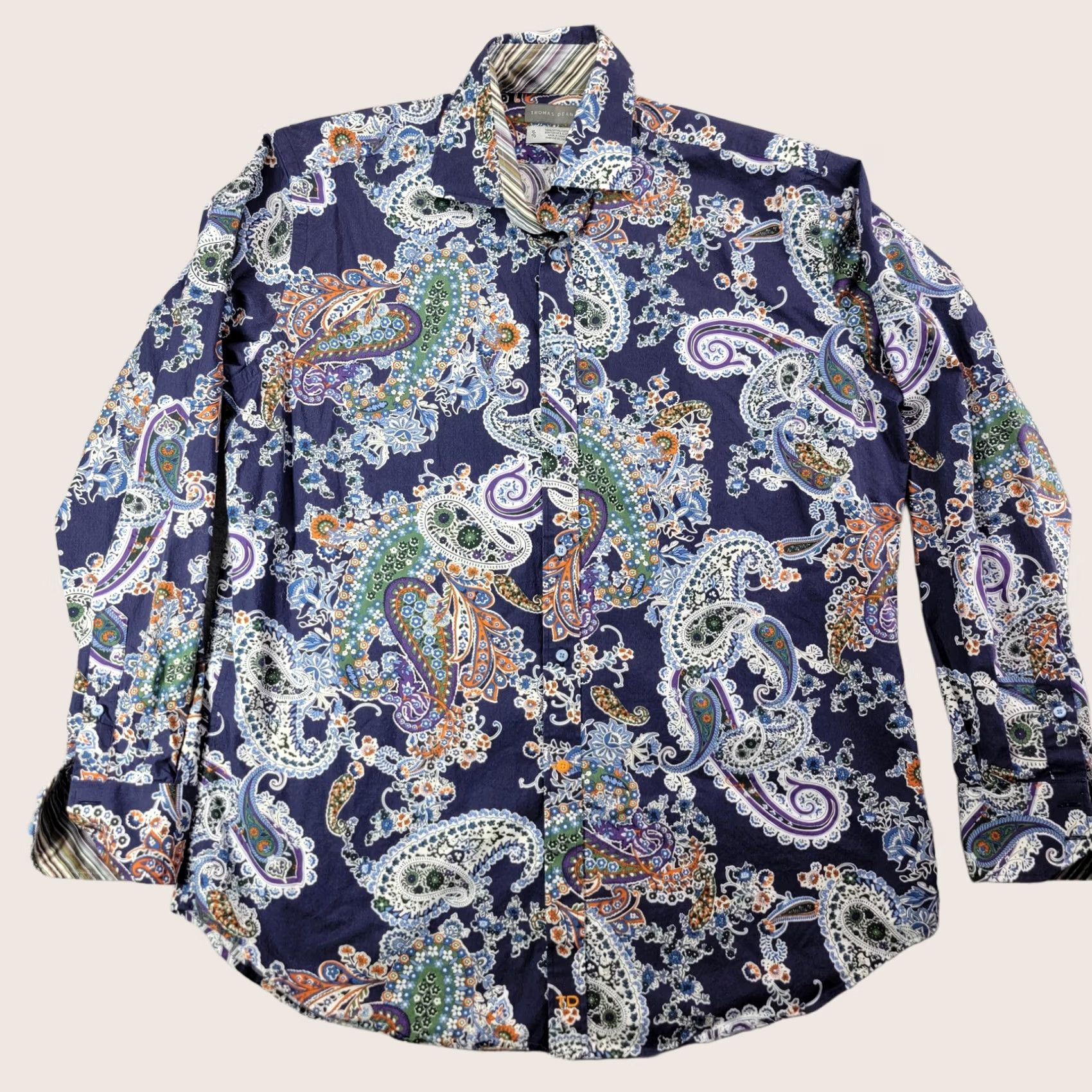 Vintage Thomas Dean Shirt Mens XL Blue Paisley Long Sleeve Contrast Cuff Button Front Size US XL / EU 56 / 4 - 1 Thumbnail
