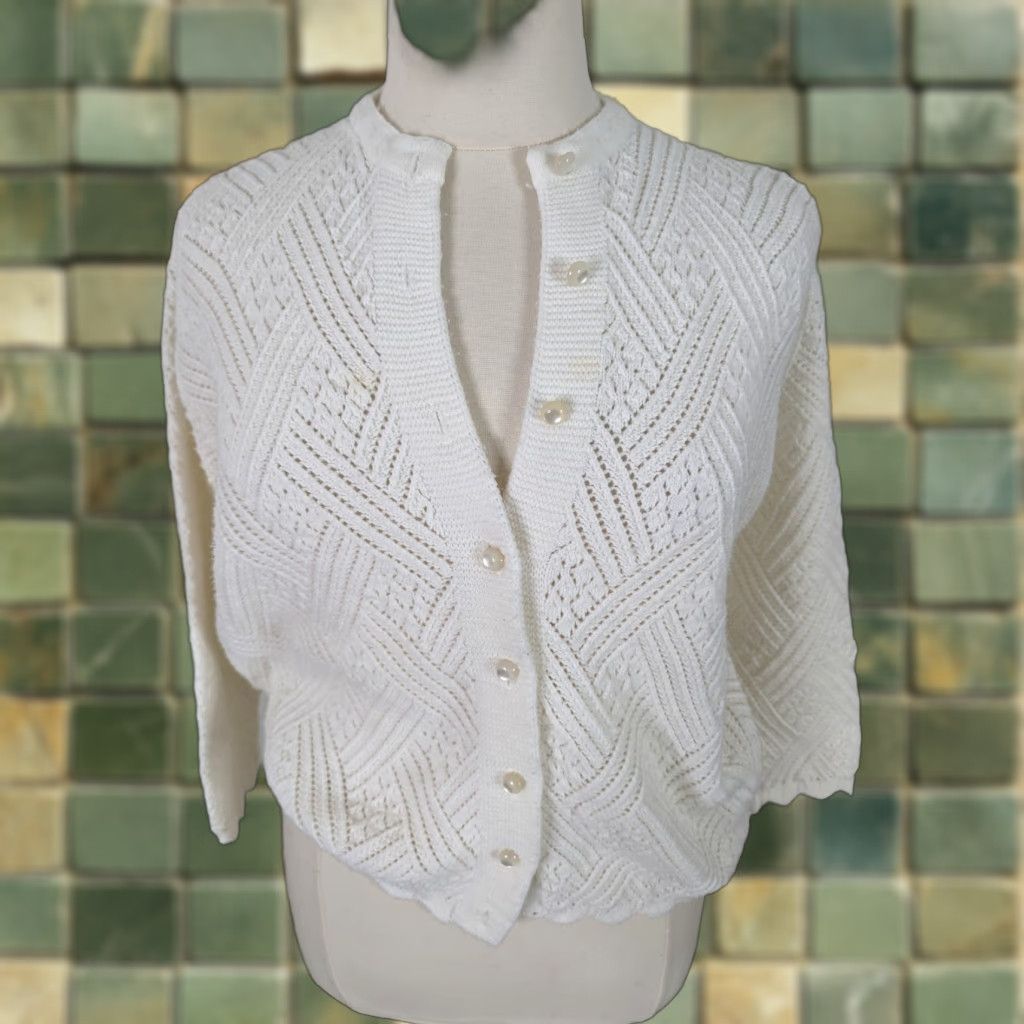 Vintage VINTAGE White Cable-Knit Cardigan Sweater XL Women Size XL / US 12-14 / IT 48-50 - 1 Thumbnail