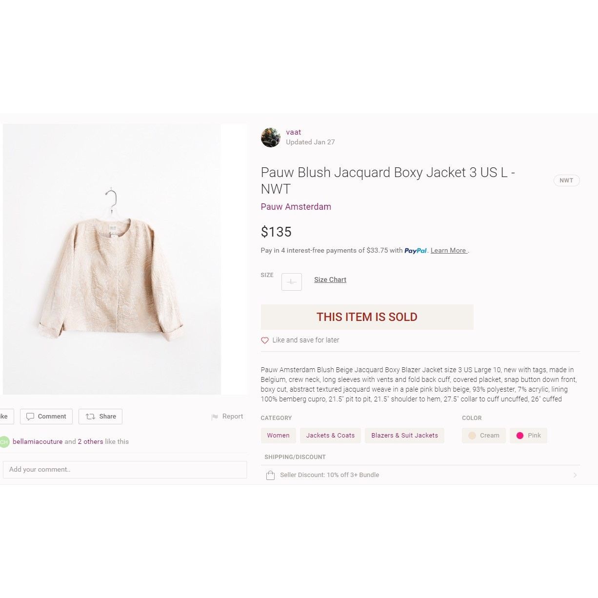 Other PAUW Amsterdam Blush Beige Seersucker Short Blazer Large Size L / US 10 / IT 46 - 7 Thumbnail