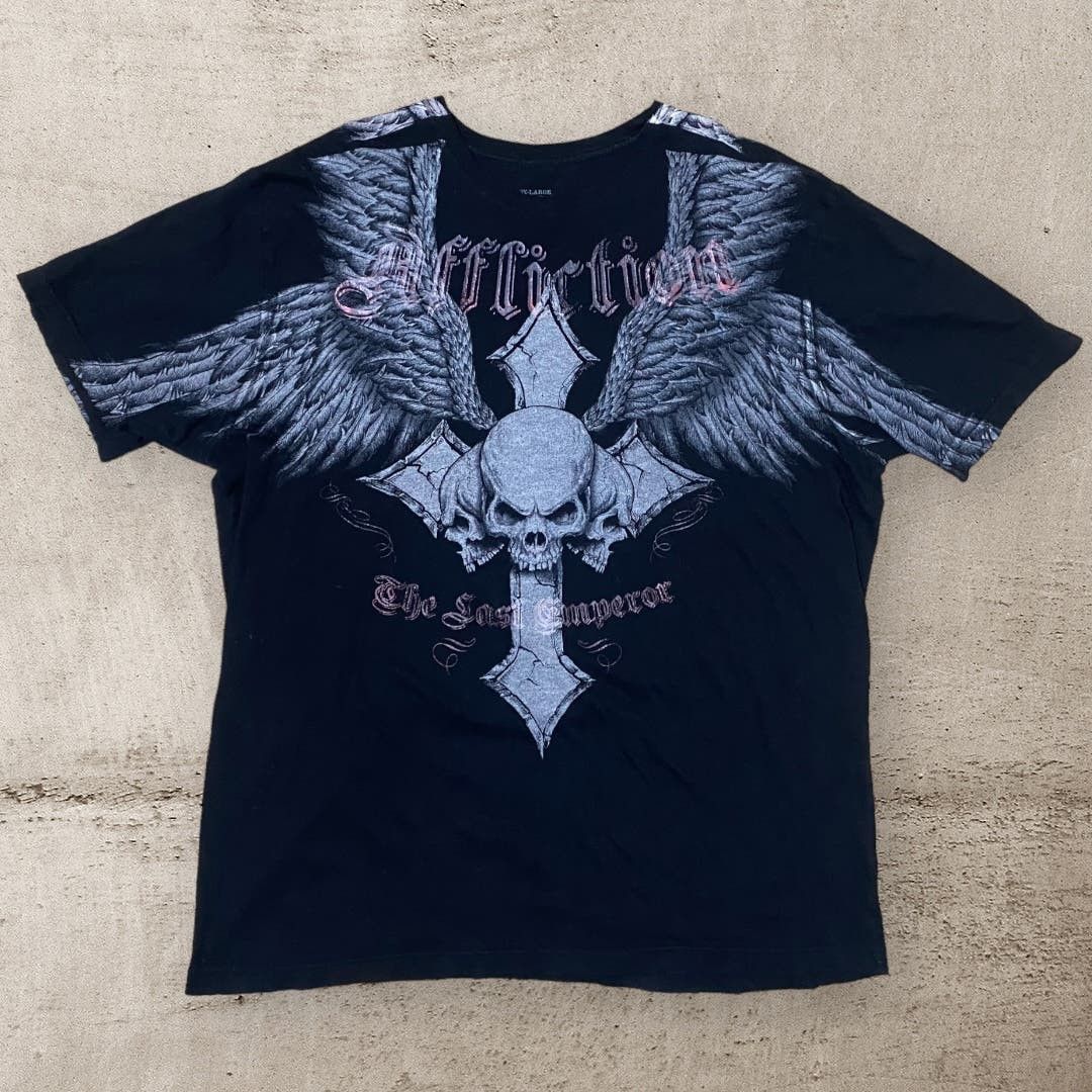 image of Affliction Fedor Emelianenko Skull Cross T Shirt in Black, Men's (Size 2XL)