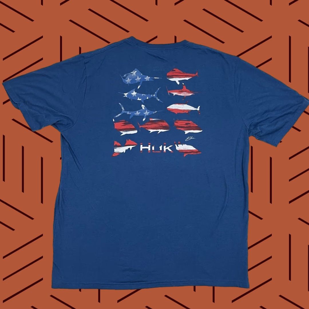 Vintage HUK Shirt Mens XL X-Large Red White Blue Fish Fishing Graphic Crewneck Stretch T-Shirt Short Sleeve Outdoors Logo Classic Size US XL / EU 56 / 4 - 1 Thumbnail