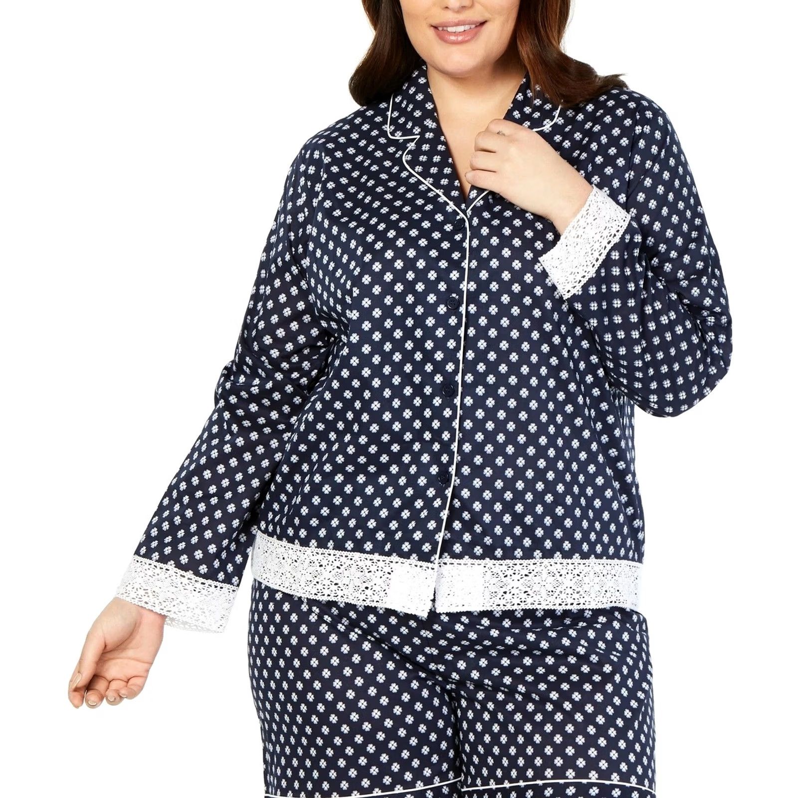 Charter Club Charter Club Plus Size Notch Collar Lace Trim Cotton Pajama Top 2X Navy Blue Floral Long Sleeve Button Knit 100% Cotton Womens Pajama Top Size XXL / US 16-18 / IT 52-54 - 2 Thumbnail