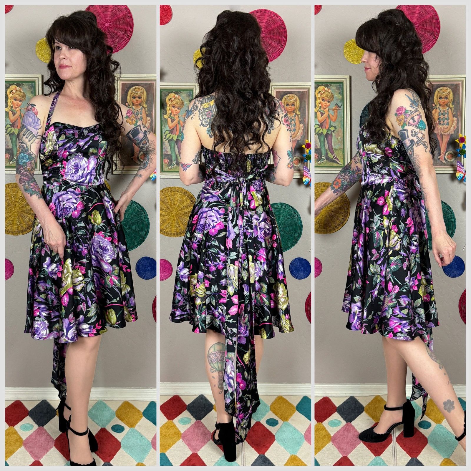 Vintage Vintage Y2K Black Garden Floral Silk Halter Dress Size S / US 4 / IT 40 - 2 Thumbnail