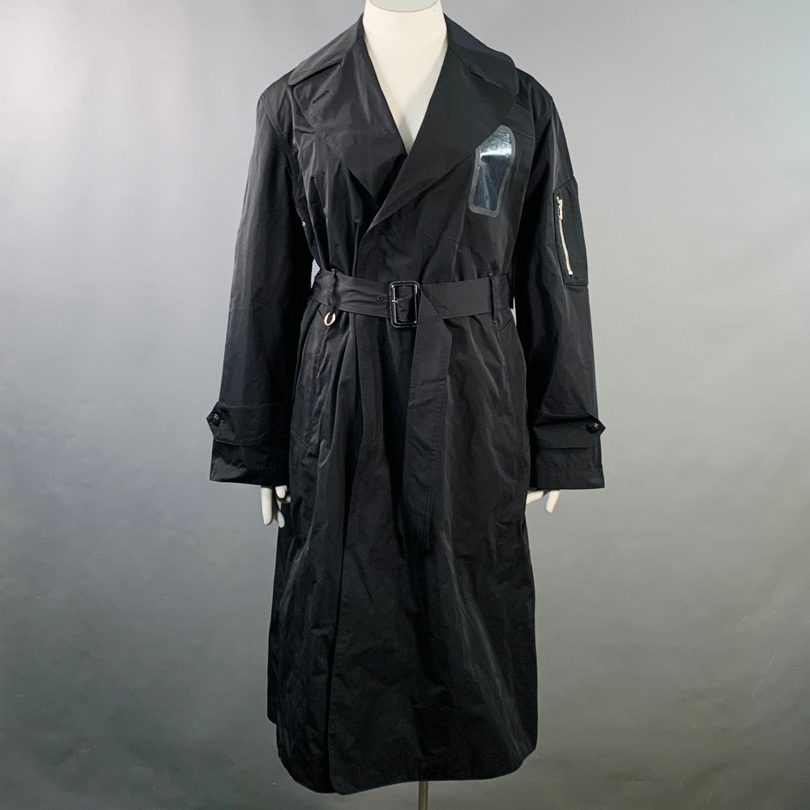 Random Identities RANDOM IDENTITIES Size L Black Polyester Belted Trench Coat Size L / US 10 / IT 46 - 1 Thumbnail