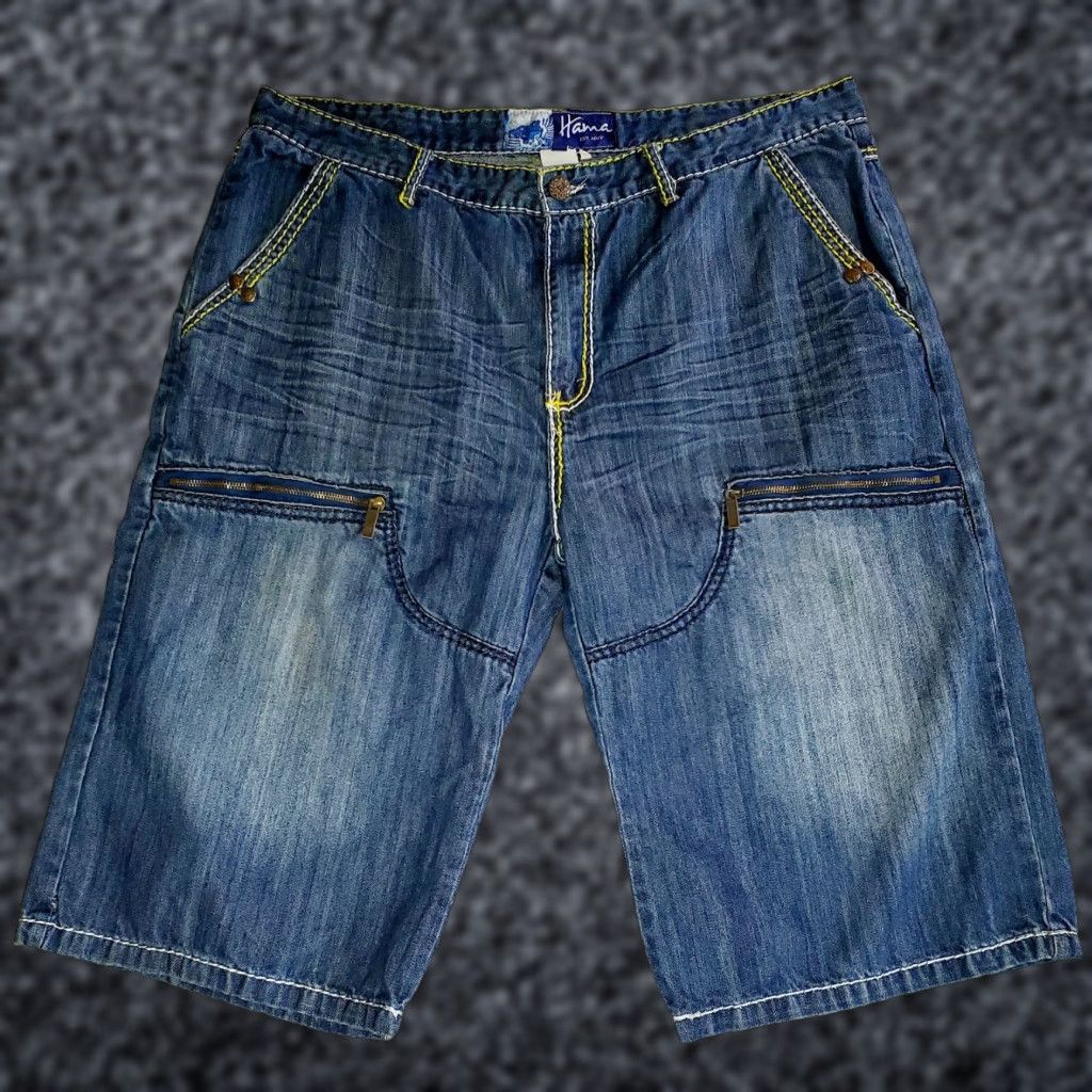 Denime VINTAGE 90s Oversized HANA Denim Jean Shorts Mens 38/16 Blue Denim Embroidered 90s Theme Jeans Short cutoff Size US 38 / EU 54 - 1 Thumbnail