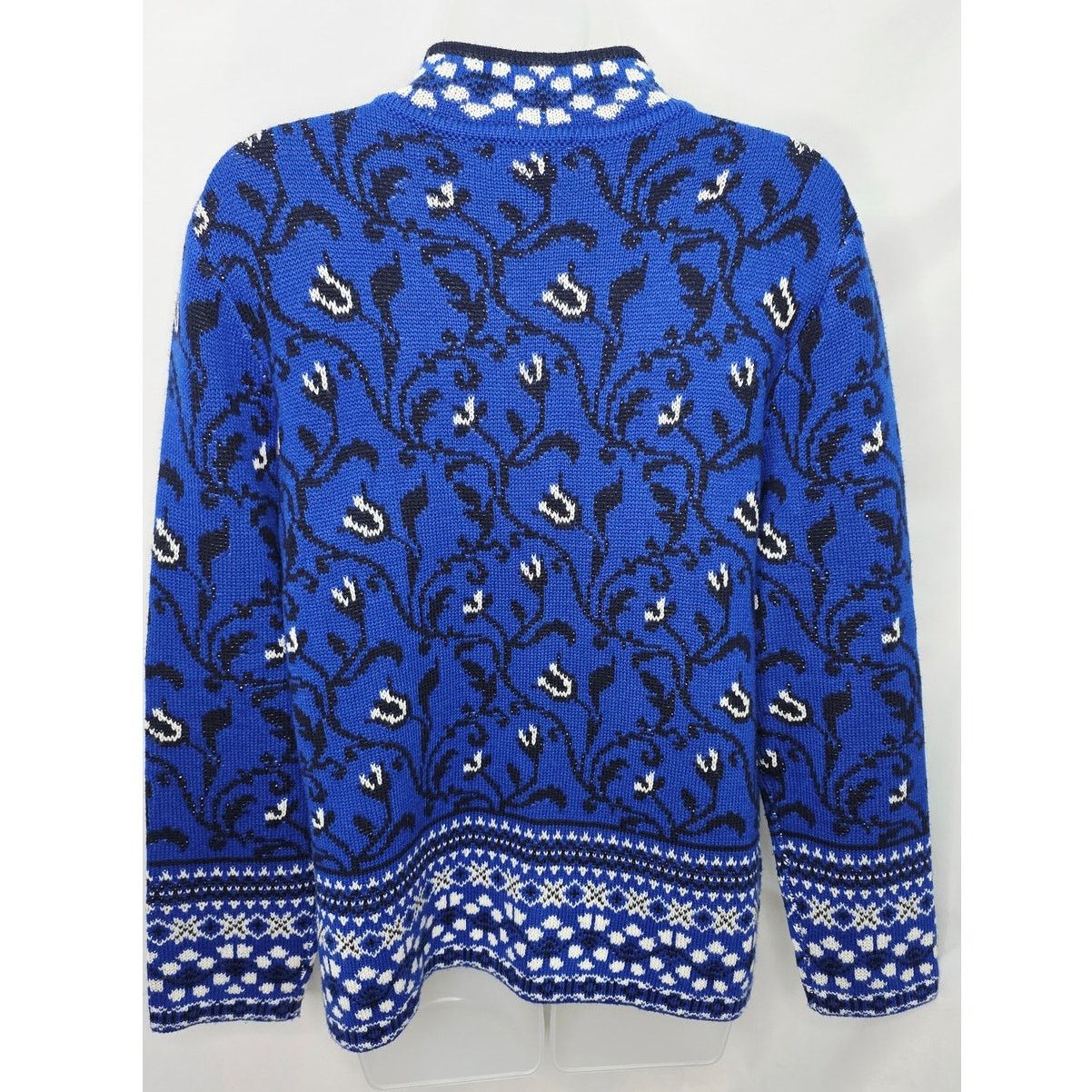 Other Zipper Front Blue & Black Floral Fair Isle Cardigan Sweater Size L / US 10 / IT 46 - 2 Thumbnail