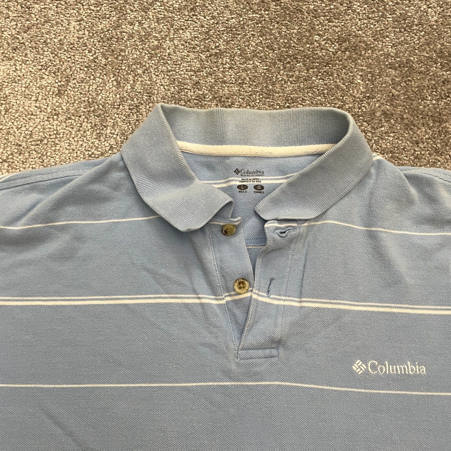Vintage Columbia Polo Shirt Mens Large Blue White Striped Short Sleeve Outdoor Fishing Brand Polo Shirt L Reg, Blue, 46 Chest, All Seasons, Cotton Blend, Mens Size US L / EU 52-54 / 3 - 3 Thumbnail