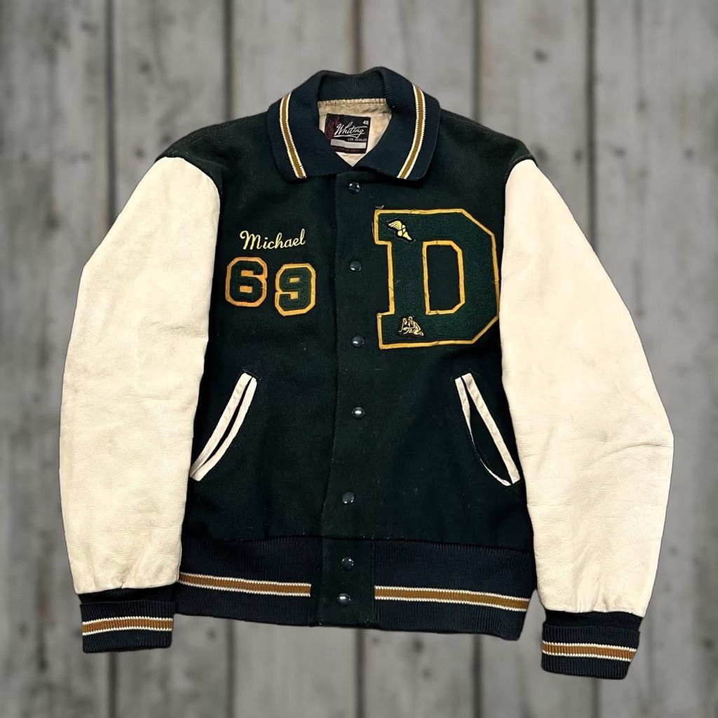 VINTAGE Whiting Varsity Jacket Green Wool Adults L 60s Streetwear Mens