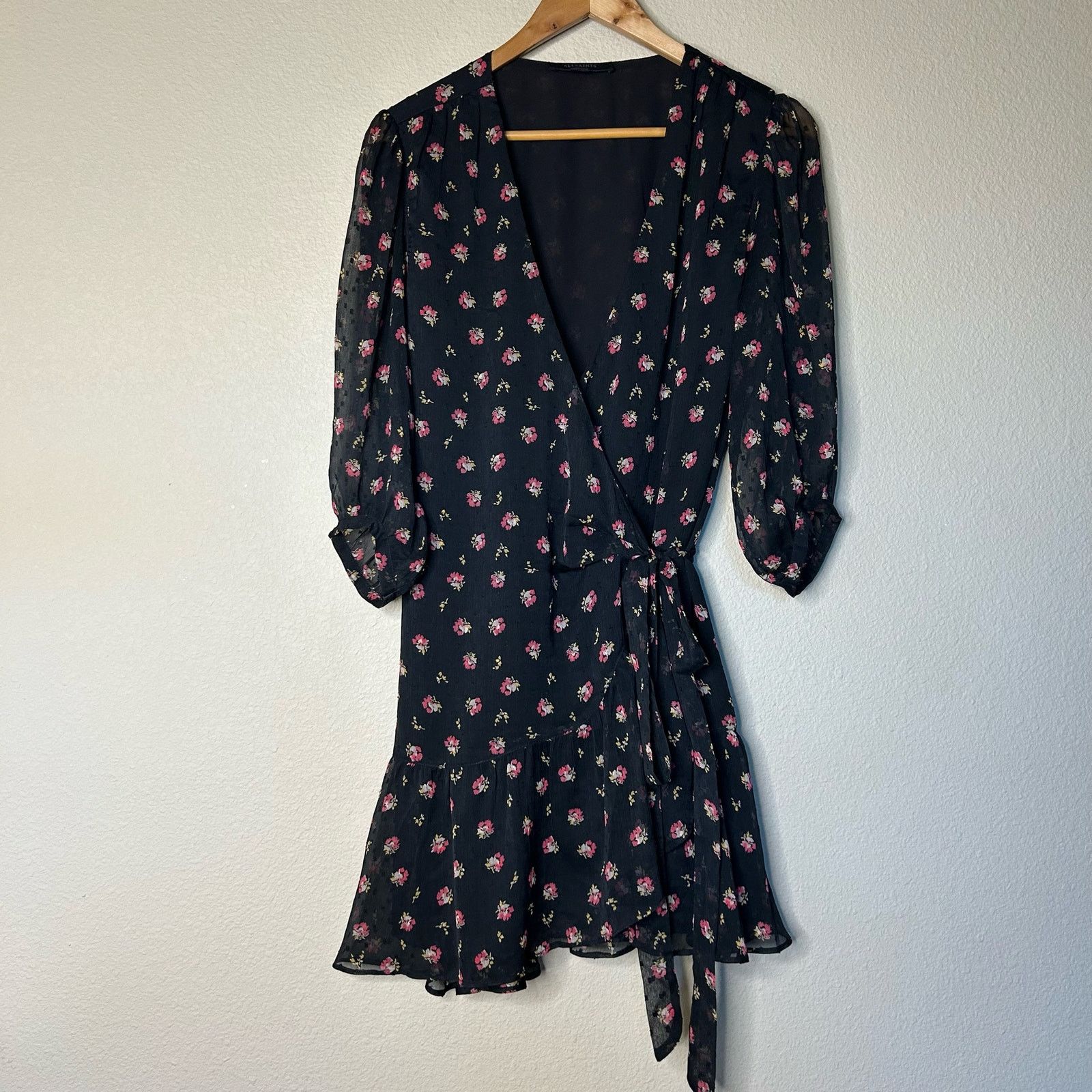 Allsaints All Saints Dress Mini Floral Wrap Black Ruffle Hem Size M Size M / US 6-8 / IT 42-44 - 8 Thumbnail