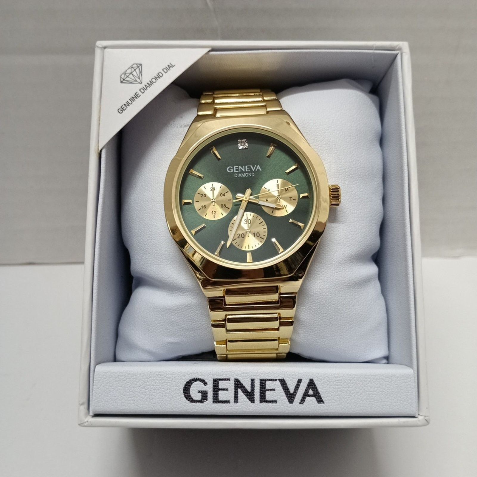 Geneva Geneva Men's Genuine Diamond Gold Tone Green Dial Watch Size ONE SIZE - 1 Thumbnail