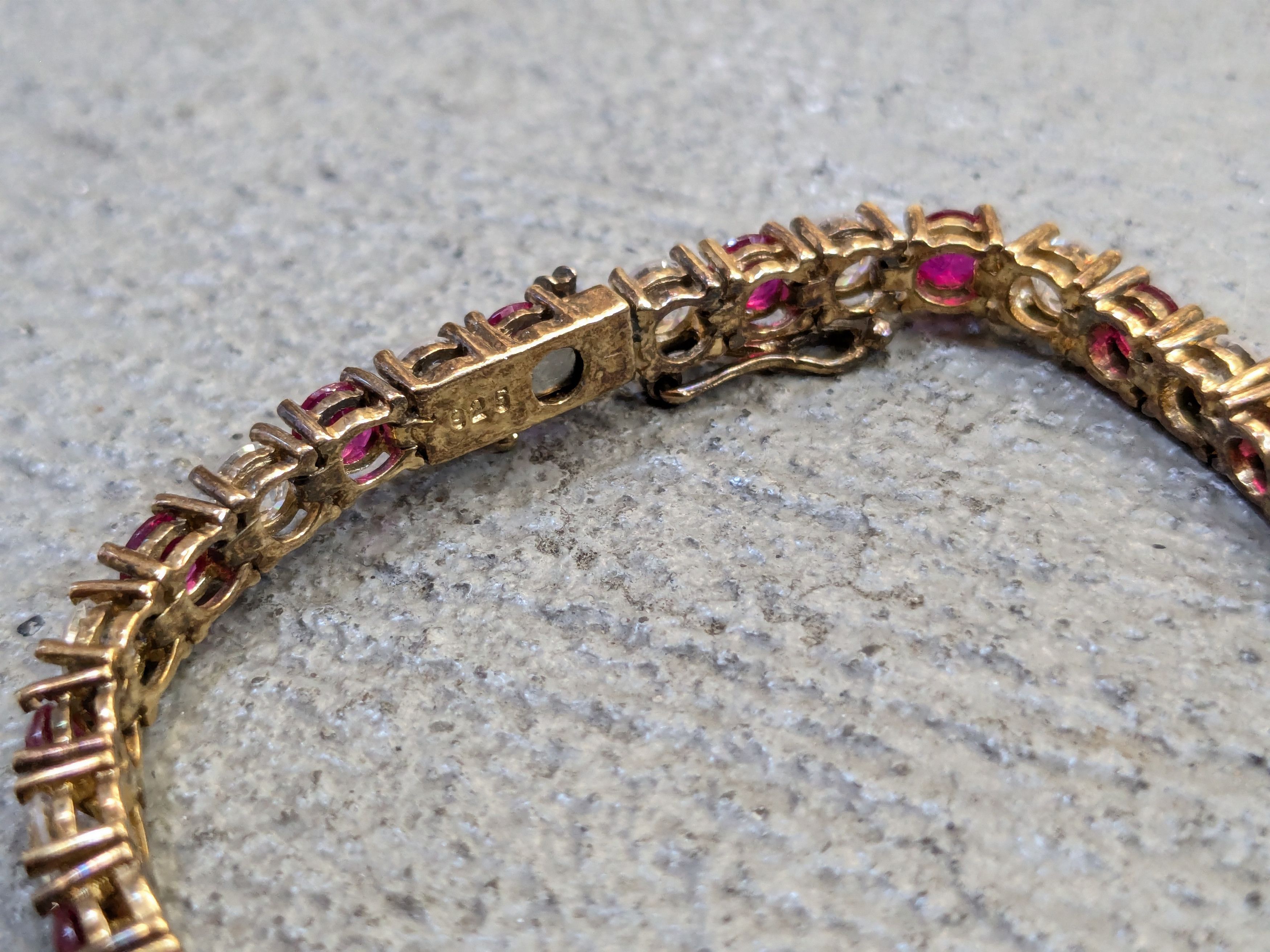 Jewelry Vintage Sterling Silver Bracelet 7.5" Red Ruby CZ Round Gold Size ONE SIZE - 7 Thumbnail