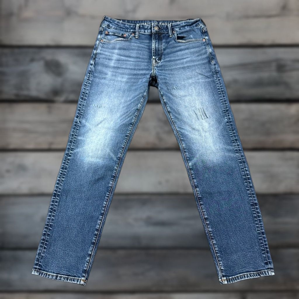 American Eagle Outfitters American Eagle Outfitters Jeans Mens 33x32 Blue Athletic Fit Medium Wash Airflex Plus Denim Straight 5-Pocket Zipper Pocket Mens Regular Size US 33 - 1 Thumbnail