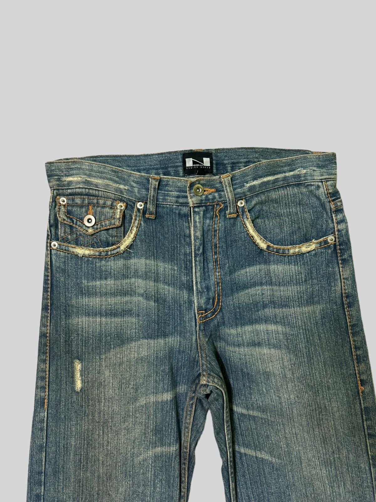 Japanese Brand Flared THRASHED NYLAUS CREW DESIGN WORK DISTRESSED DENIM Size US 30 / EU 46 - 3 Thumbnail