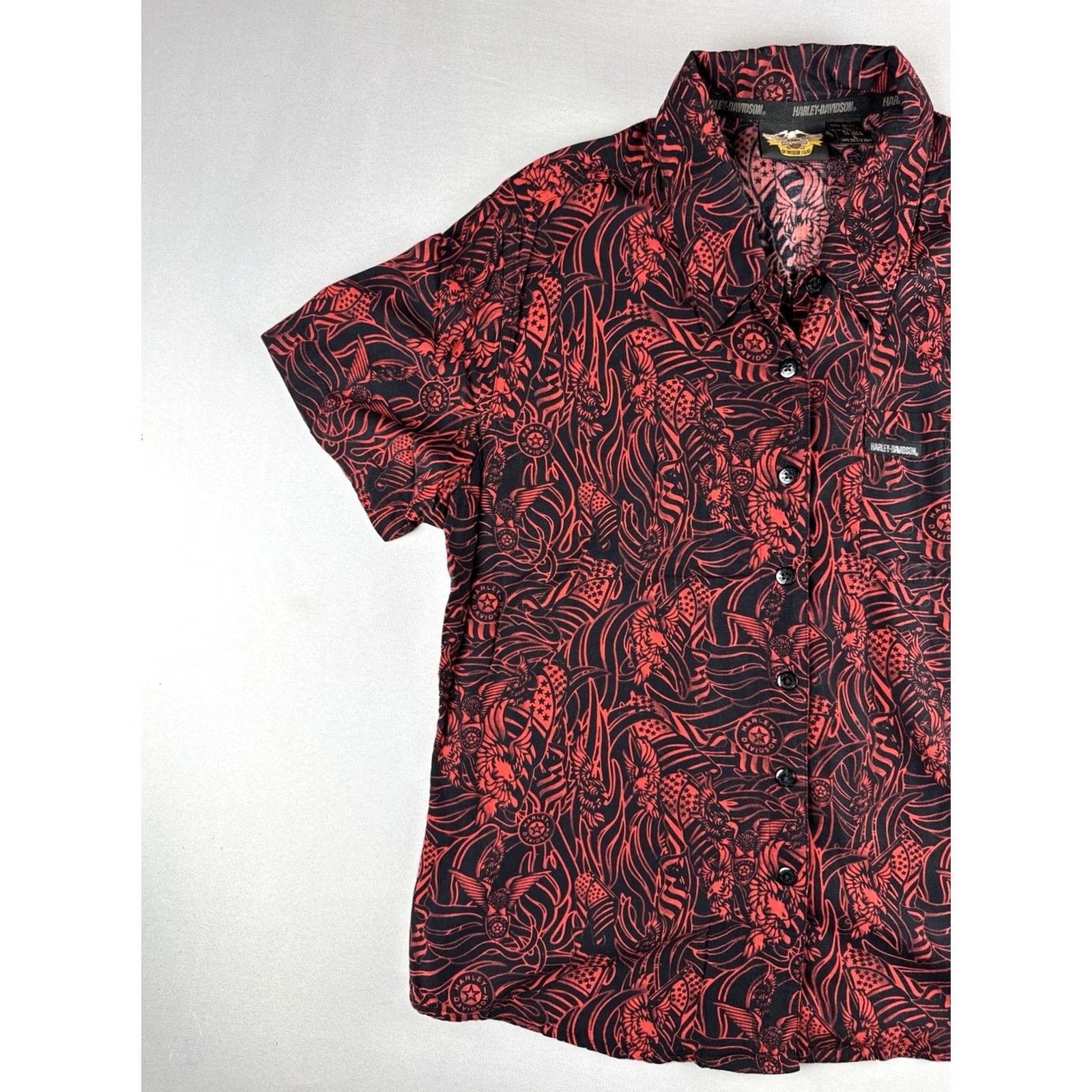 Harley Davidson VINTAGE Harley-Davidson Button-Up Shirt Eagle AOP Black Red Size L Men Short Sleeve Rayon Hawaiian Jacket? Size US L / EU 52-54 / 3 - 2 Thumbnail