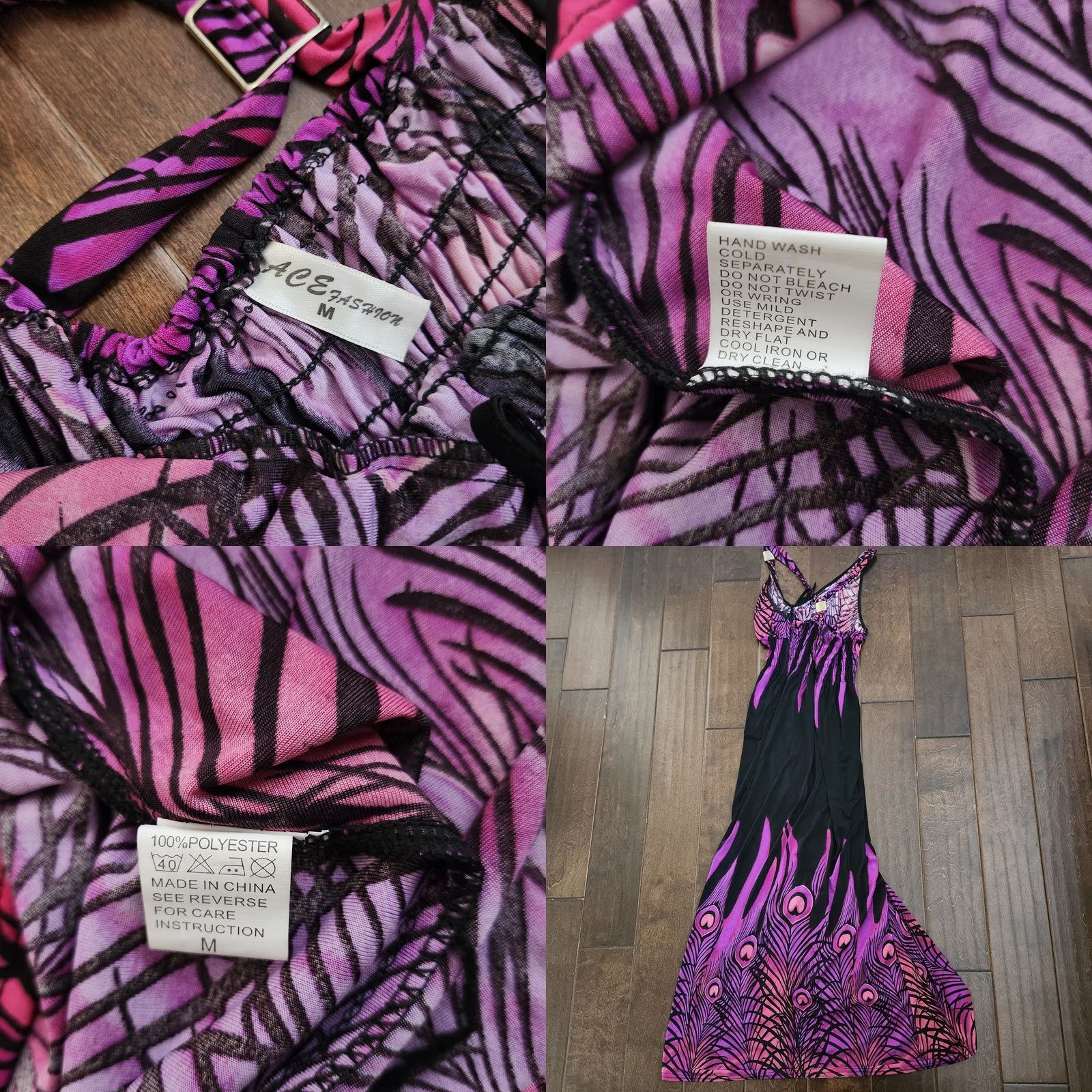 Vintage Ace Fashion Womens M Pink Black Peacock Print Halter Maxi Dress Size M / US 6-8 / IT 42-44 - 9 Thumbnail