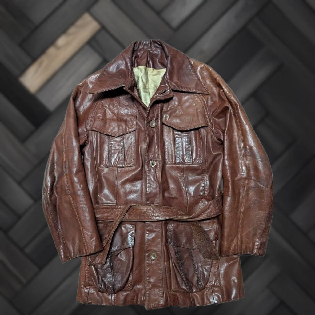 Vintage VINTAGE 1950s HORSEHIDE brown leather BELTED jacket coat 38 MOTORCYCLE norfolk Mens Size US S / EU 44-46 / 1 - 1 Thumbnail