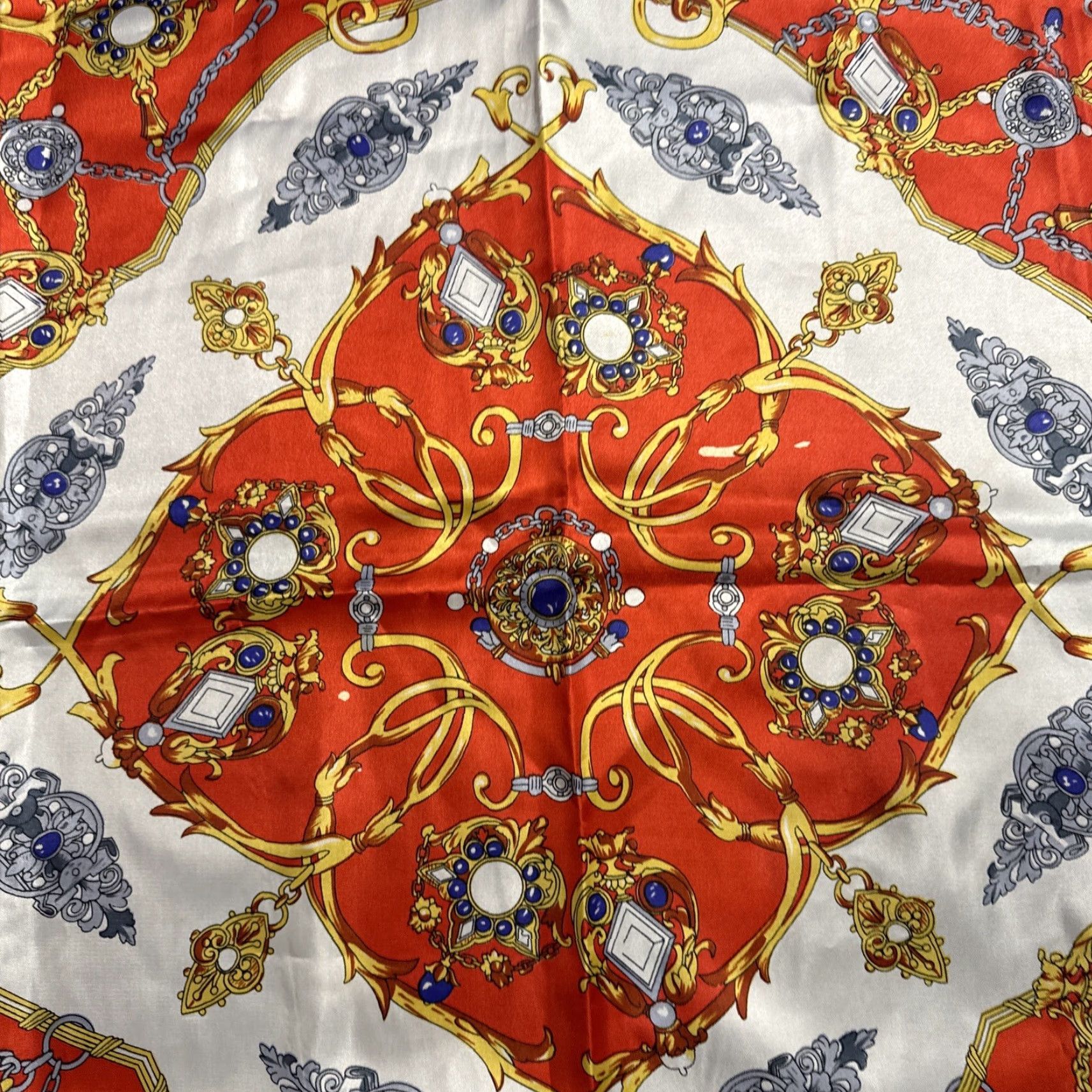 Vintage VINTAGE 90s Baroque Victorian Style Silky Red White Polyester Square Scarf Women's Red Square Scarf 33x35” Size ONE SIZE - 7 Thumbnail