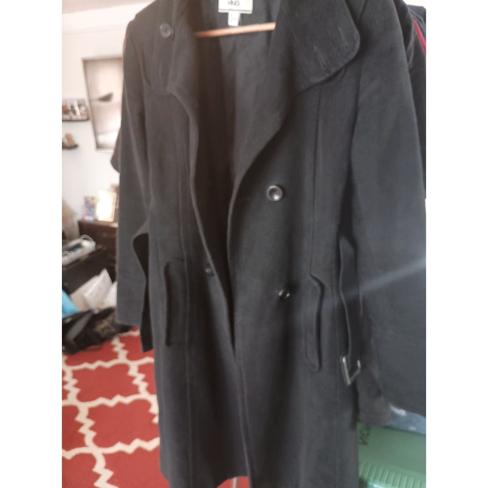 Vintage VINTAGE MNG Black Pea Coat Coat Long XS Womens Cotton Lining Belt +Buttons Bulgaria Size XS / US 0-2 / IT 36-38 - 3 Thumbnail