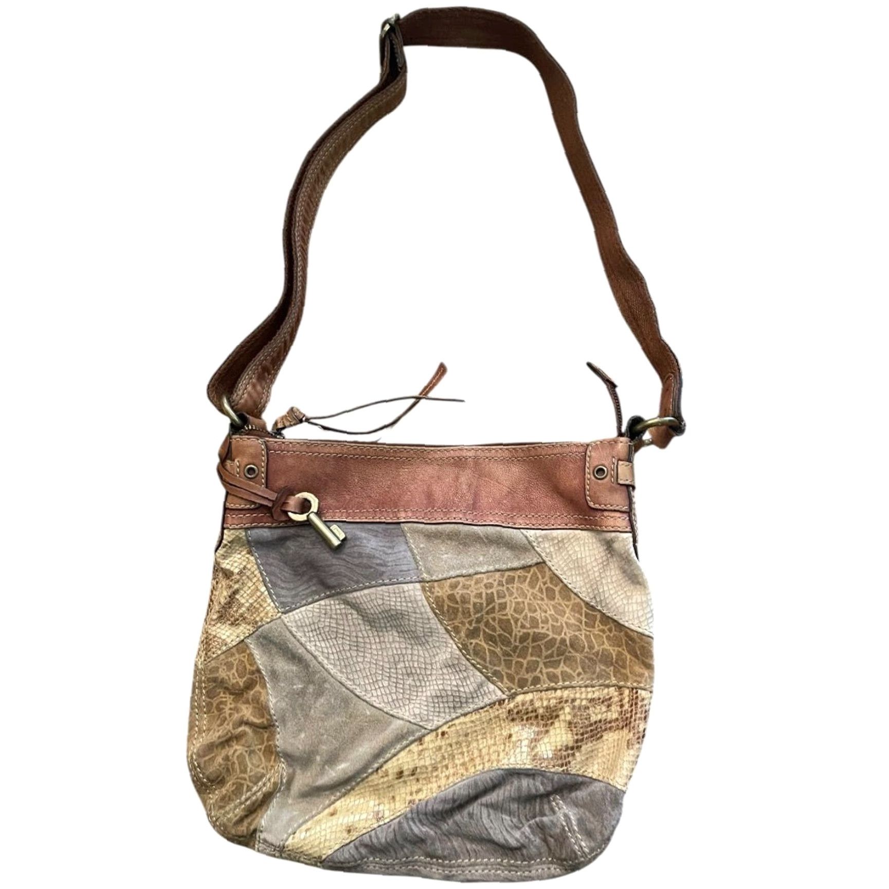 Fossil Fossil Leather Suede Crossbody Purse Boho Patchwork Shoulderbag Women Brown Multicolor Exterior Leather Suede Crossbody Bag 24" Strap Drop Womens Size ONE SIZE - 2 Thumbnail