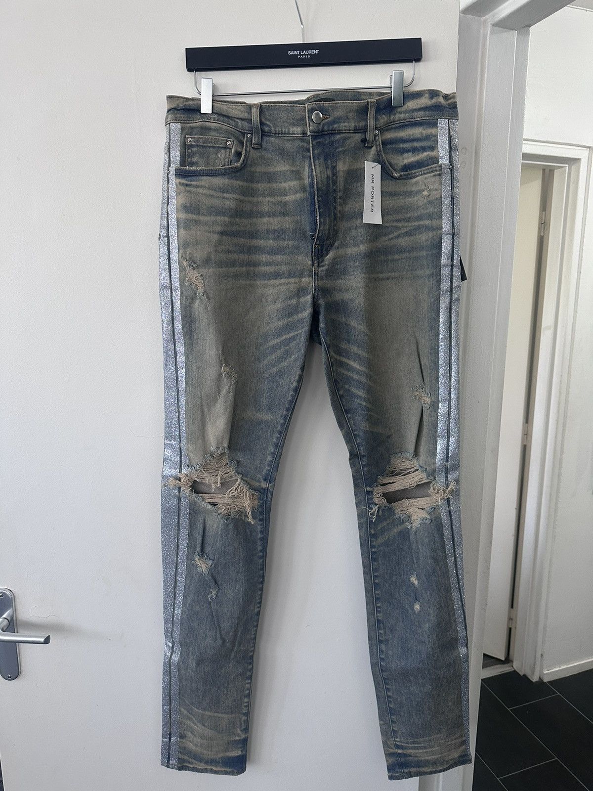 Amiri TRACK DISTRESSED GLITTERED STRETCH DENIM JEANS Size US 38 / EU 54 - 1 Thumbnail